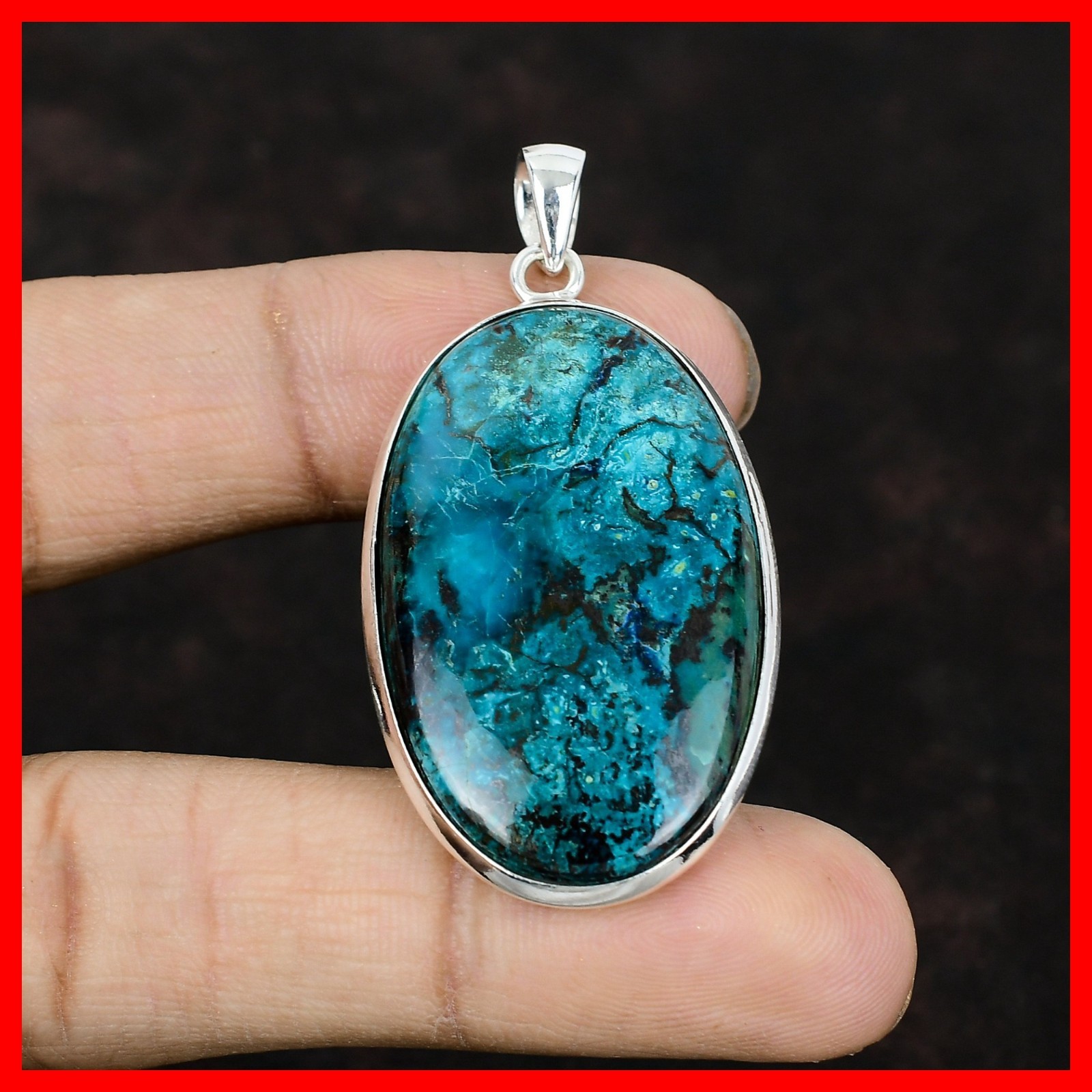 925 Sterling Silver Oval Chrysocolla Gemstone Throat Chakra Wife Pendant Jewelry