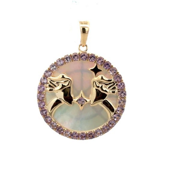 Gemini Zodiac Pendant, Amethyst, Mother of Pearl, 925 Sterling Silver