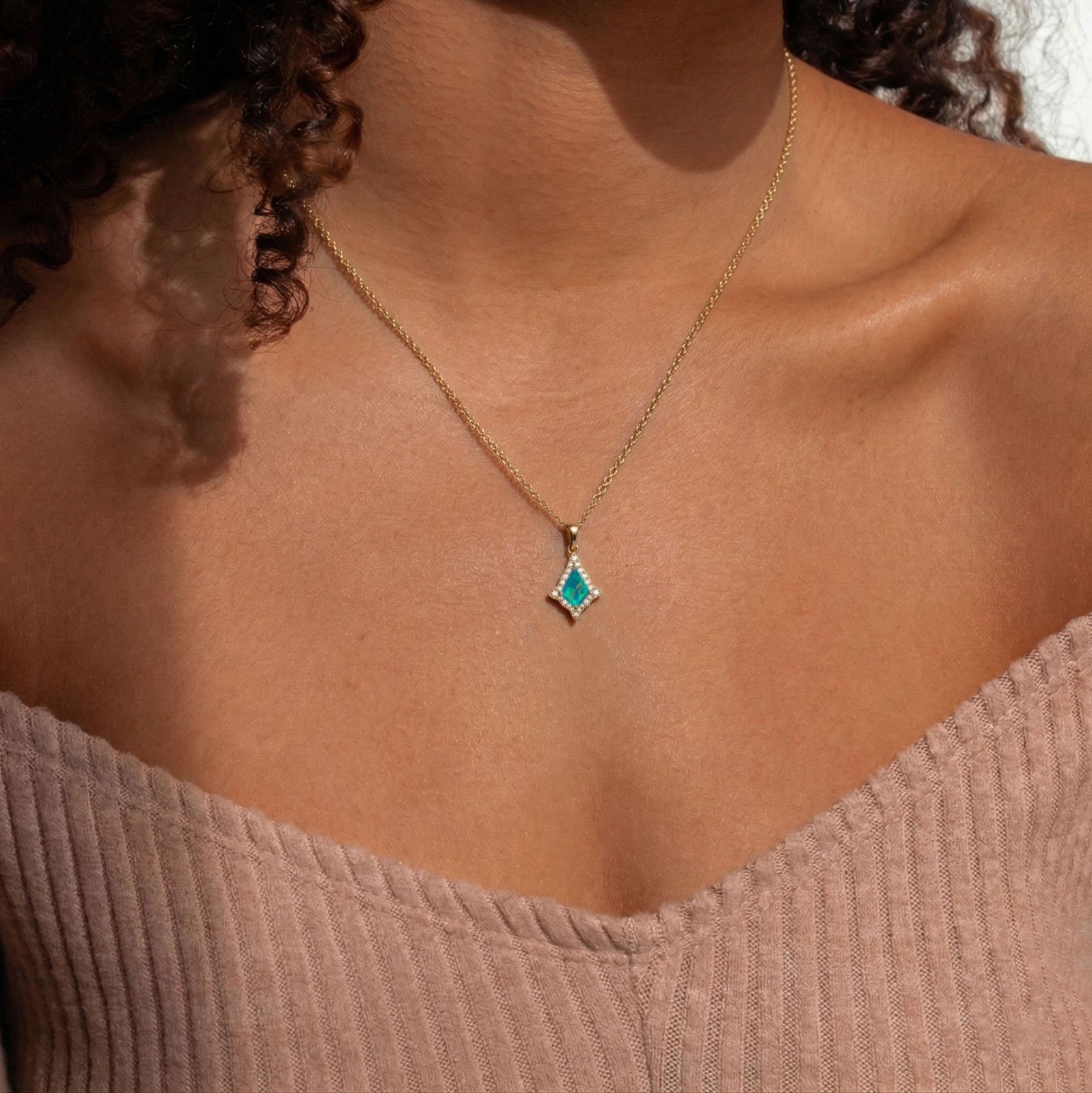 Green Opal Halo Pendant Necklace for Women, Gold Necklace,