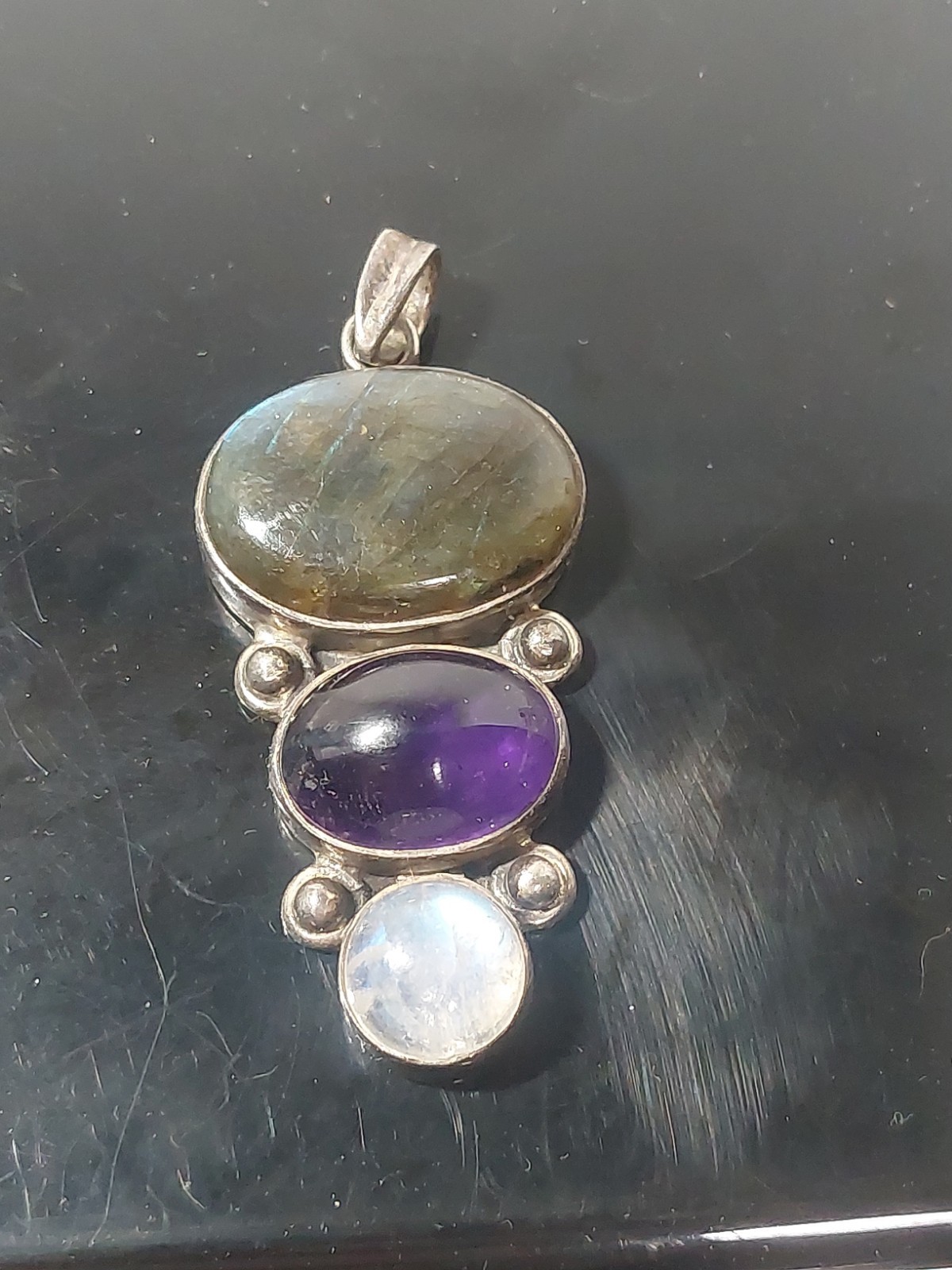 Sterling Silver Pendant, Moonstone Amethyst & Labrodite, Approx 2″ Long, India