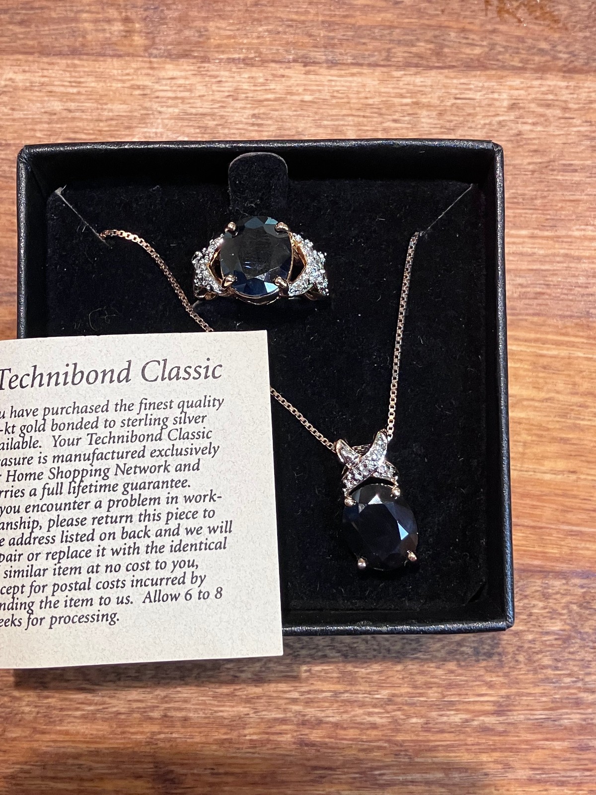 Natural Dark Sapphire 18K Rose Vermeil Clad Sterling Technibond Pendant Ring set