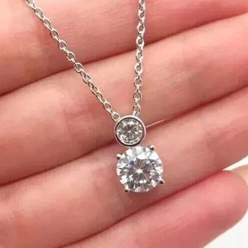 2.50Ct Round-Cut EF/V1 Lab Grown Diamond Bezel Necklace & Pendant 14k White Gold