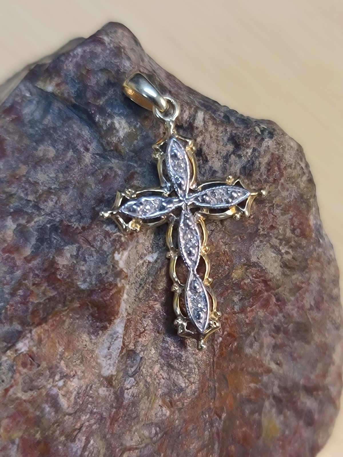 10k Solid Yellow & White Gold Diamond Cross Necklace Pendant 1.22″ Signed .99g
