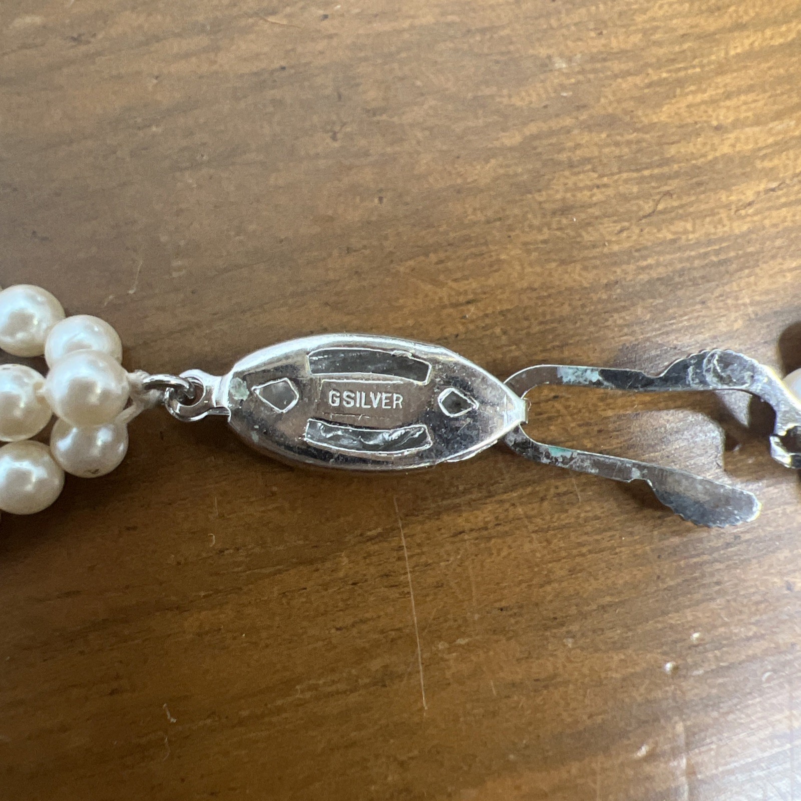 German Vintage G Silver 3 Strand Small Pearl Necklace Faux? ~ 19 Inch