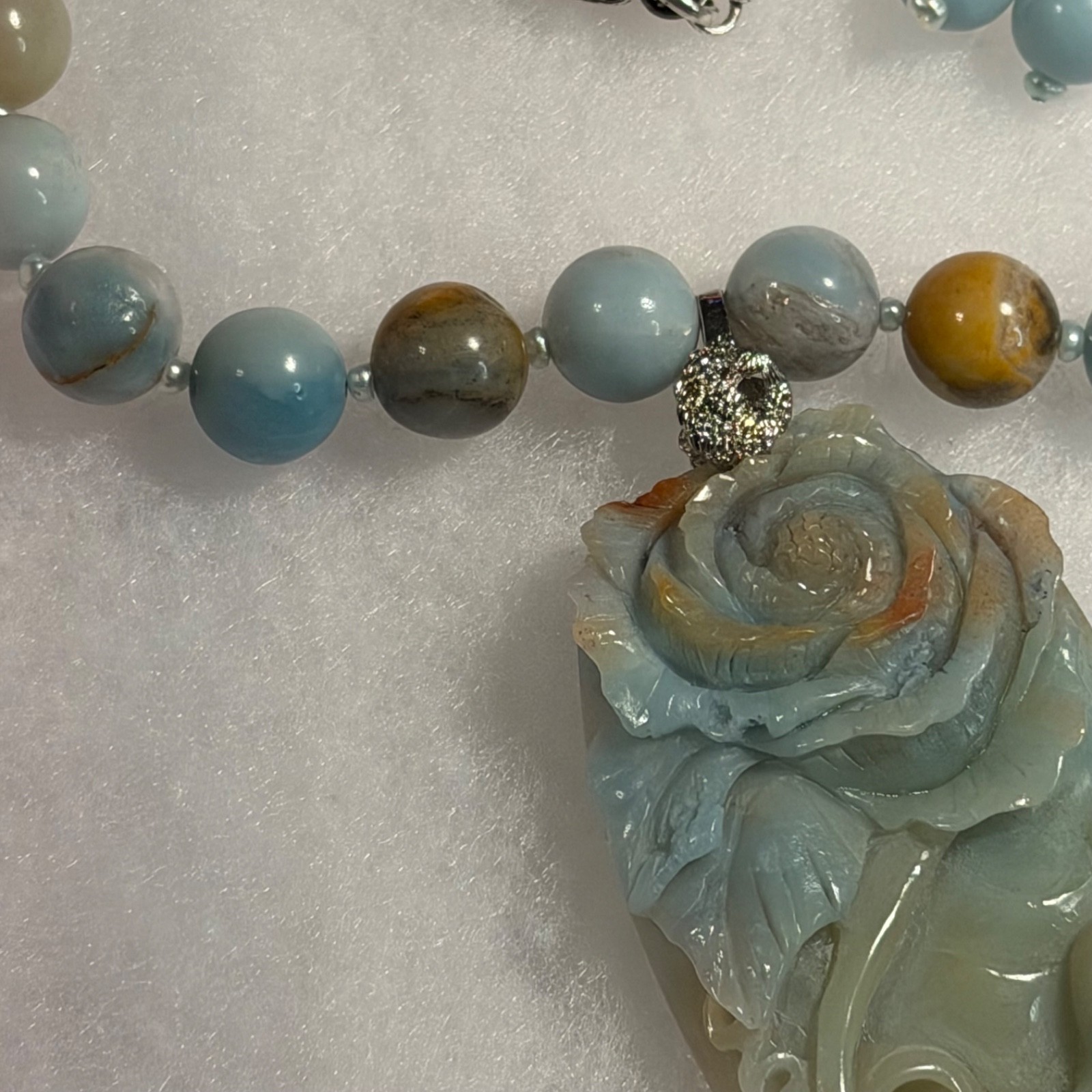 HAND CARVED AMAZONITE CAT & ROSE PENDANT NECKLACE EARRING SET WITH FANCY CLASP
