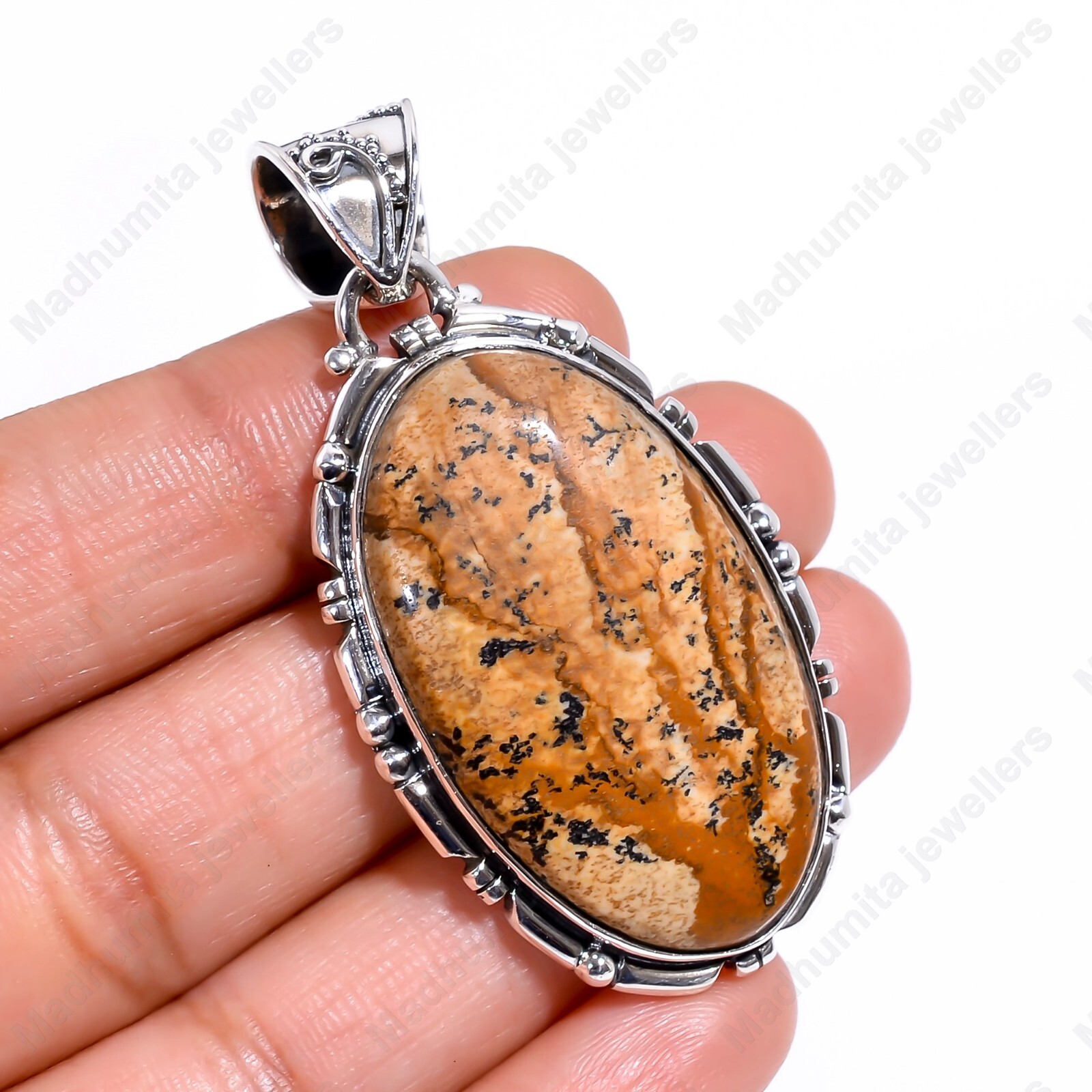 Picture Jasper Gemstone 925 Sterling Silver Handmade Gift Pendant For Her