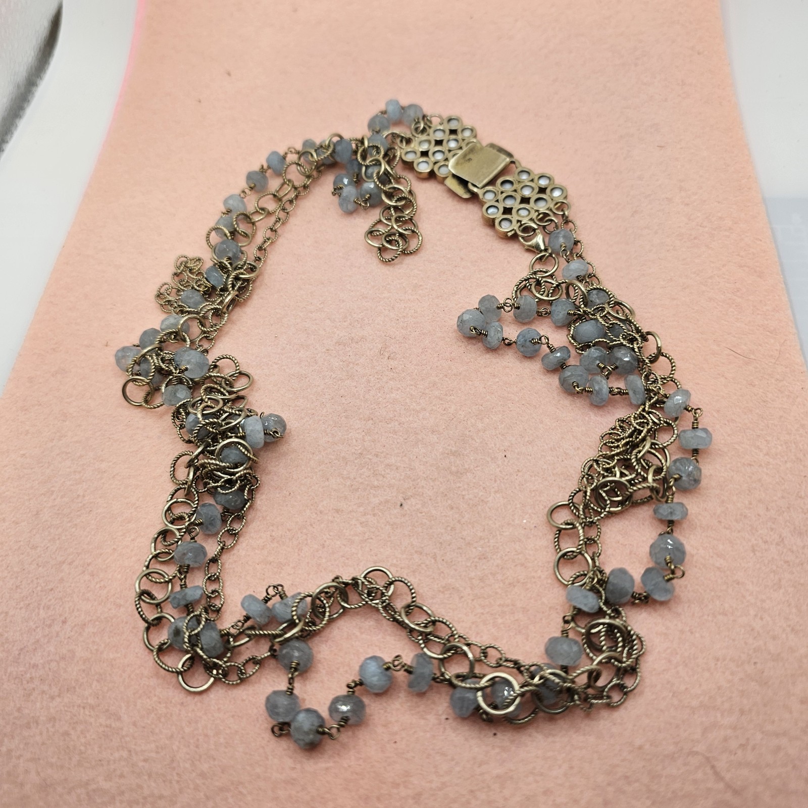 Safia Aquamarine Necklace Vintage 925 multi chain Box pearl fold over clasp 36″
