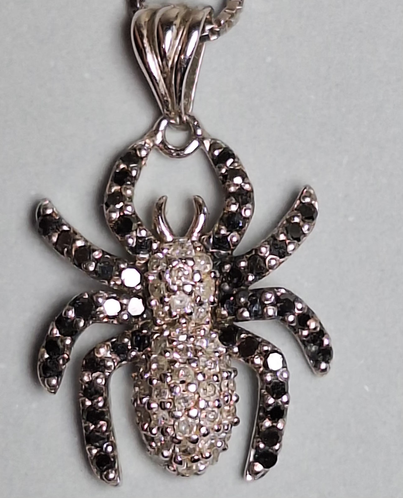 Sterling Silver White, Black Diamond Spider Charm With 18″ Sterling Silver Chain
