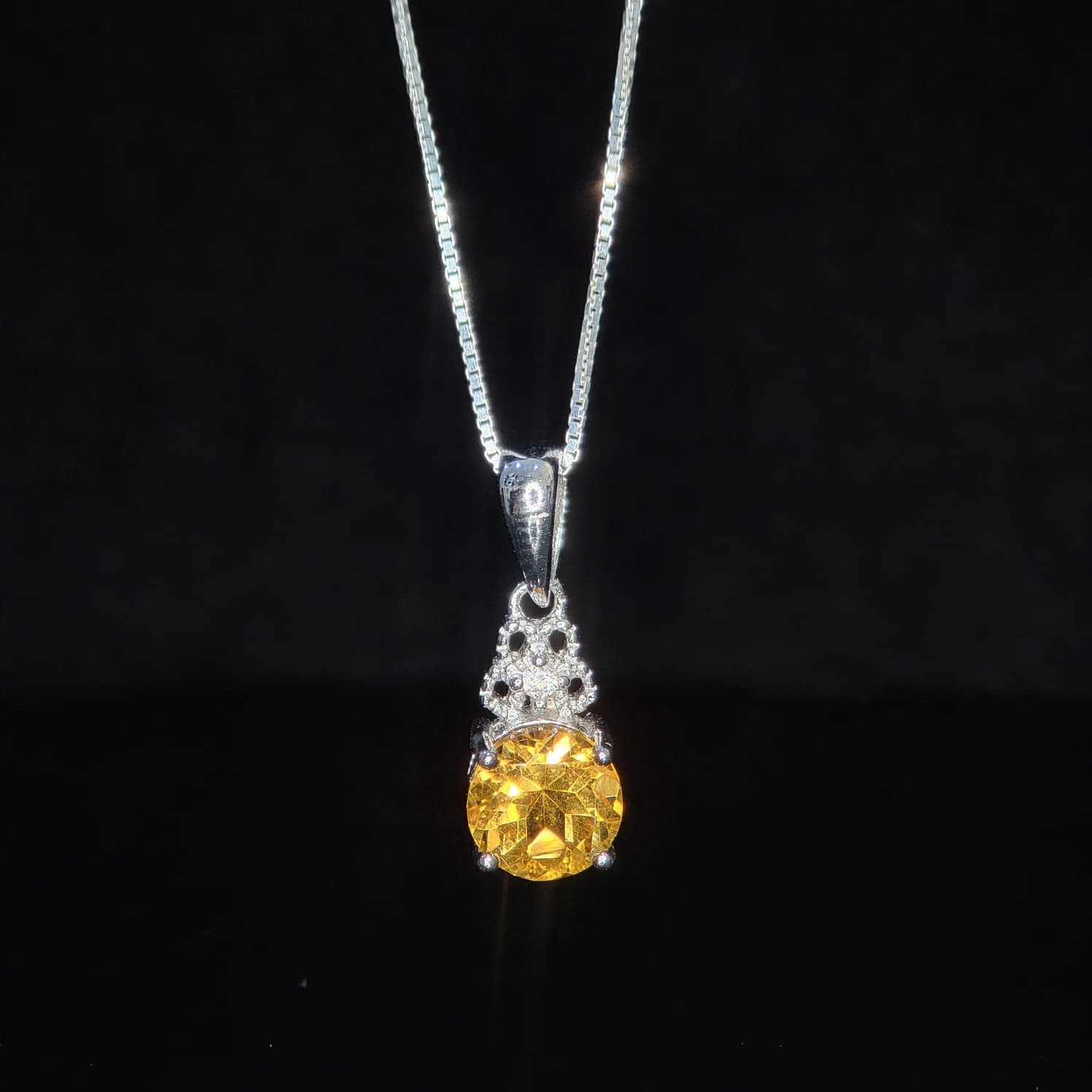 925 Sterling Silver Natural Citrine Pendant Round Yellow 2.83gm Rhodium Plated