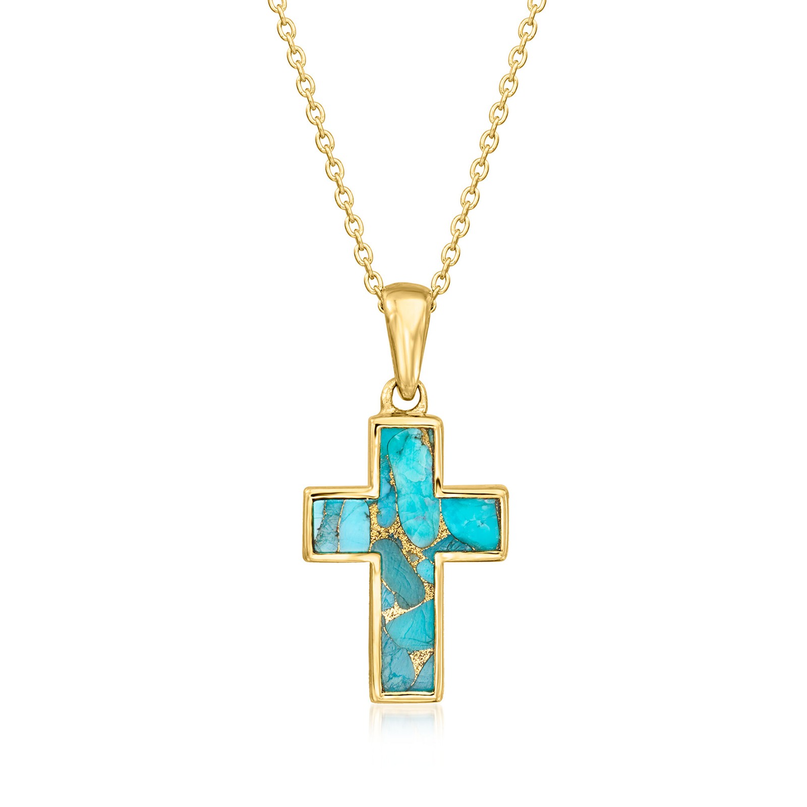 Turquoise Cross Pendant Necklace in 18kt Gold Over Sterling. 18 inches