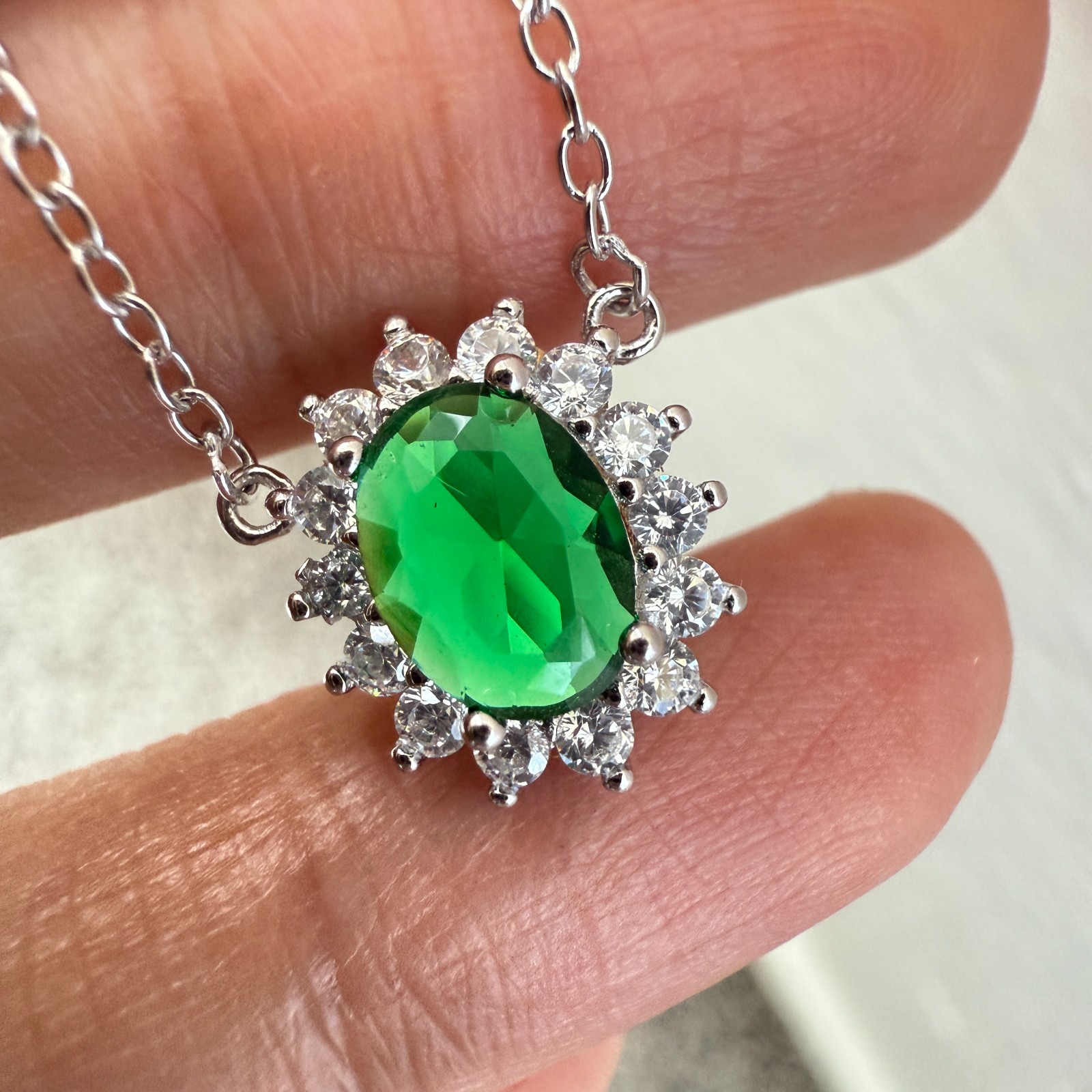 925 Sterling Silver Necklace 8x6mm Natural Emerald Zircon Flower Handmade Chain