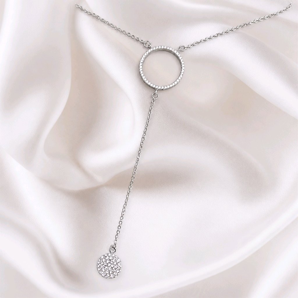 Sterling Silver CZ Circle Drop Necklace 40cm 3cm Extension Sparkling Pendant