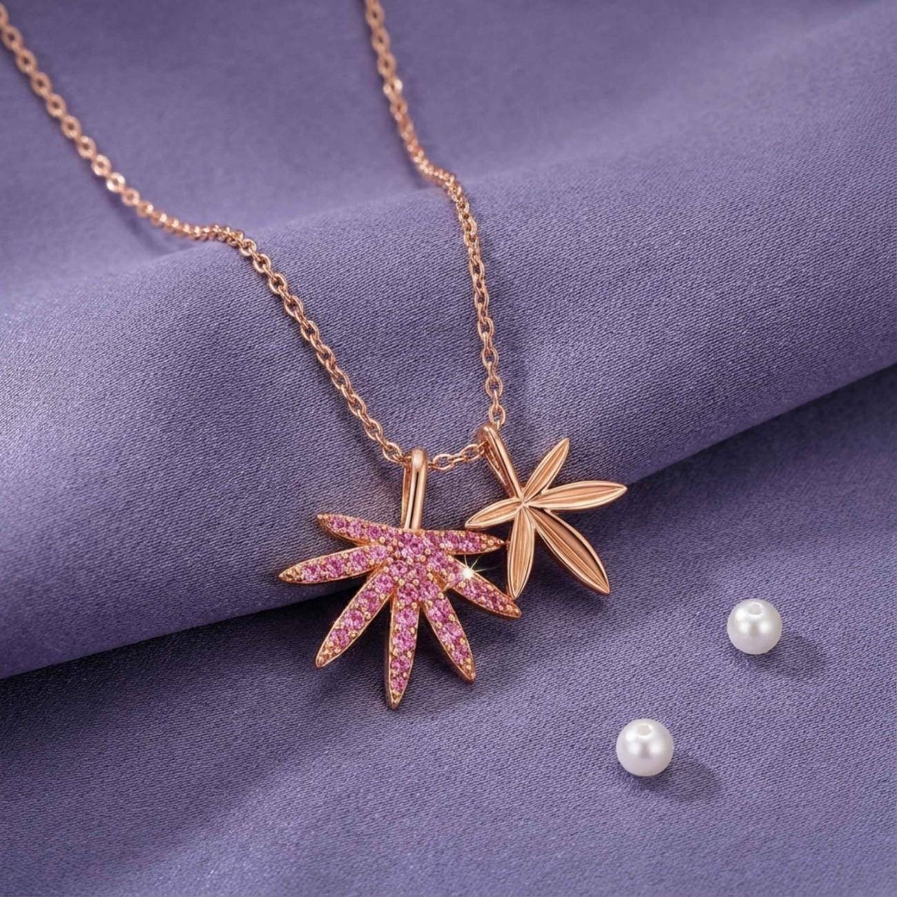 925 Sterling Silver 14K Rose Gold Plated Pink Double Leaf Charm Necklace Her