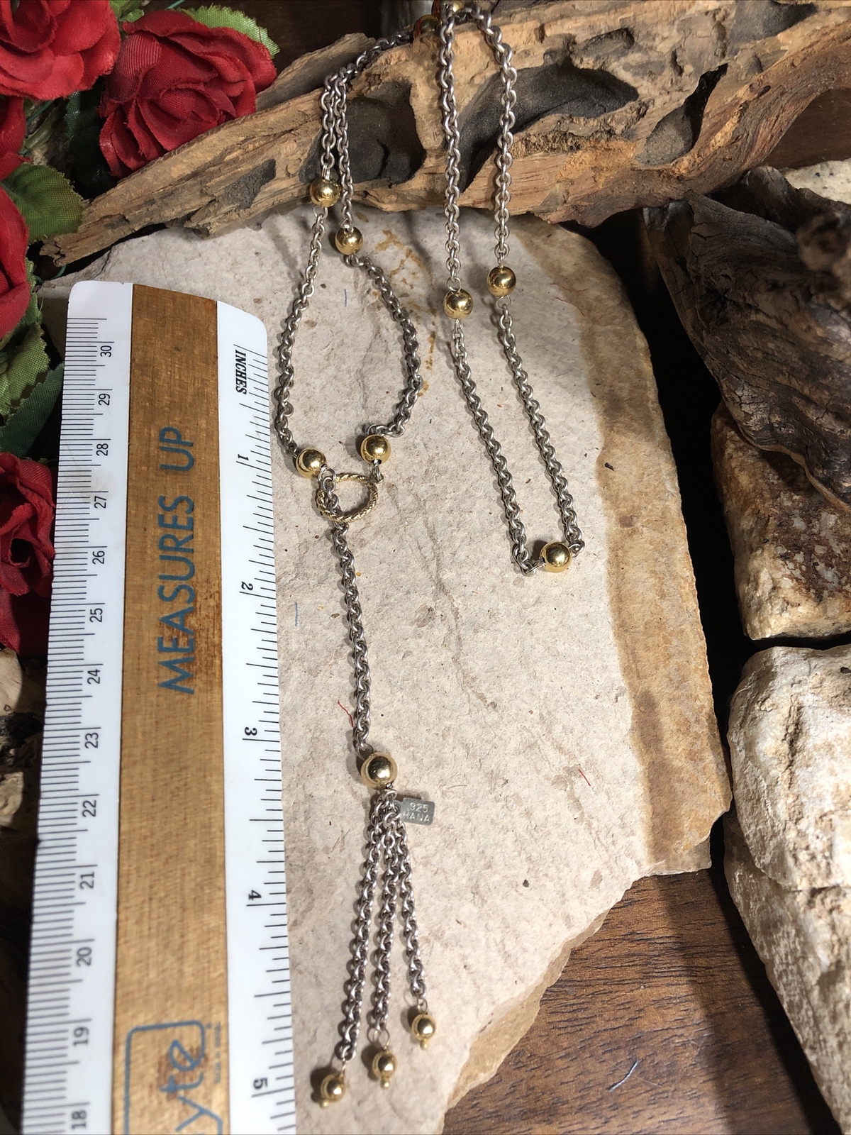 Vintage HANA Sterling Silver 925 Gold 14K Ball Lariat Tassel Necklace, 13.7g