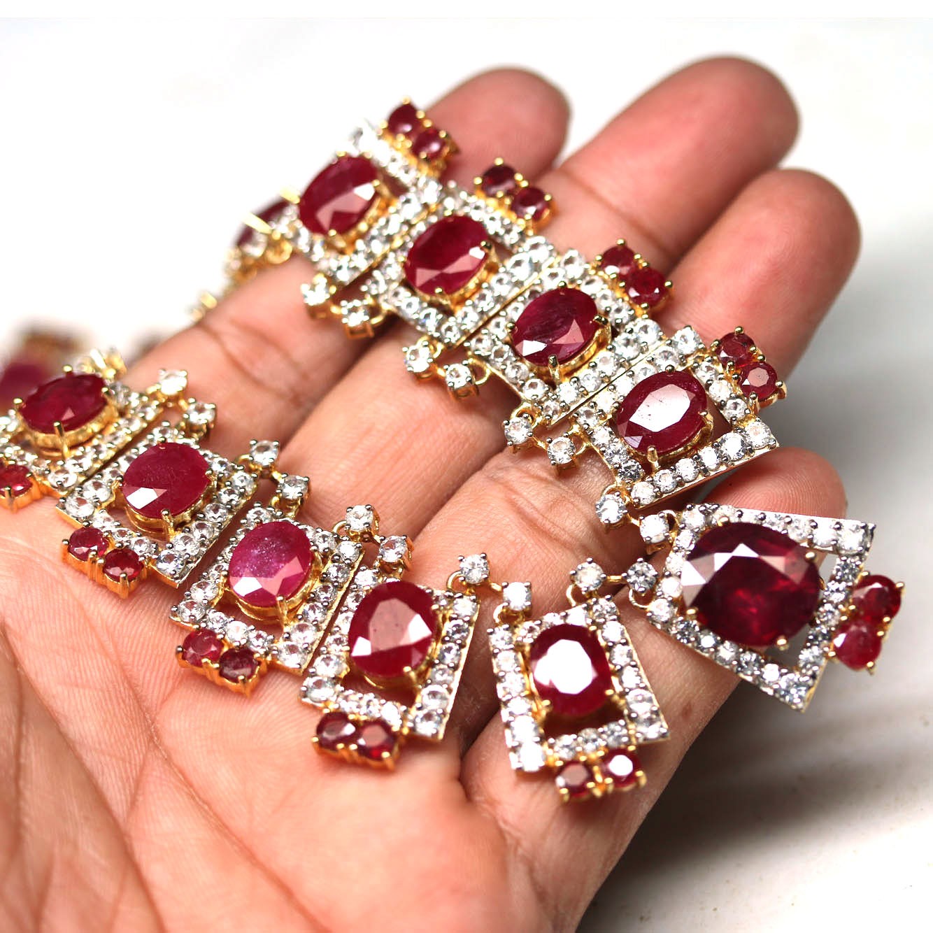 Handmade 925 Silver Red Ruby Zircon Necklace 16.5 in 18K Gold Plated
