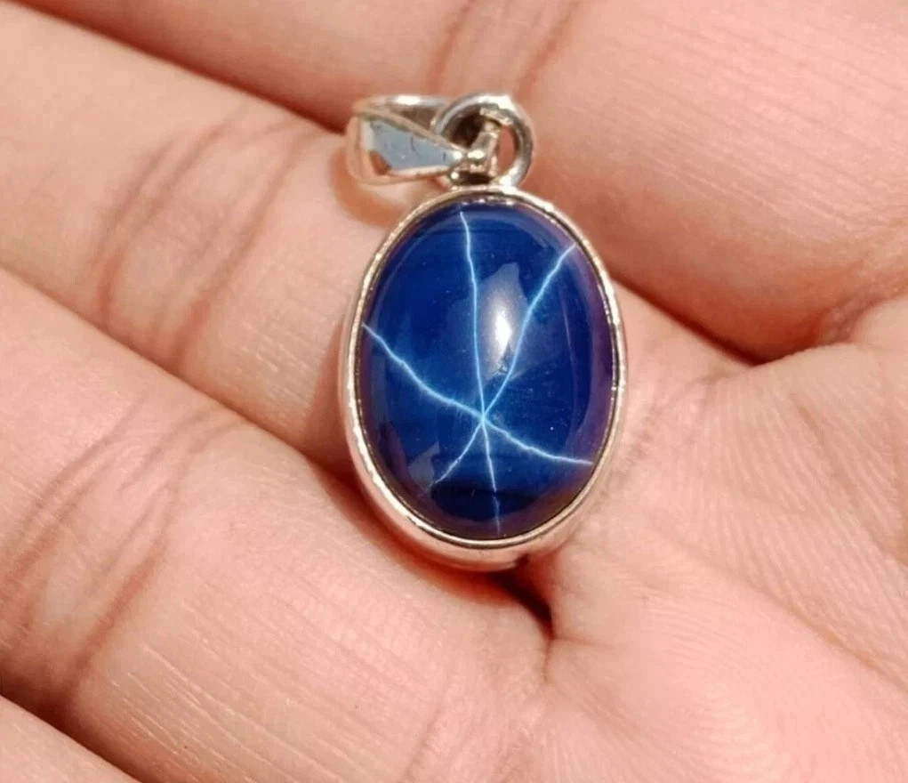 18 Ct Natural Blue Star Sapphire Oval Cabochon 6 rays 925 Solid Silver Pendant