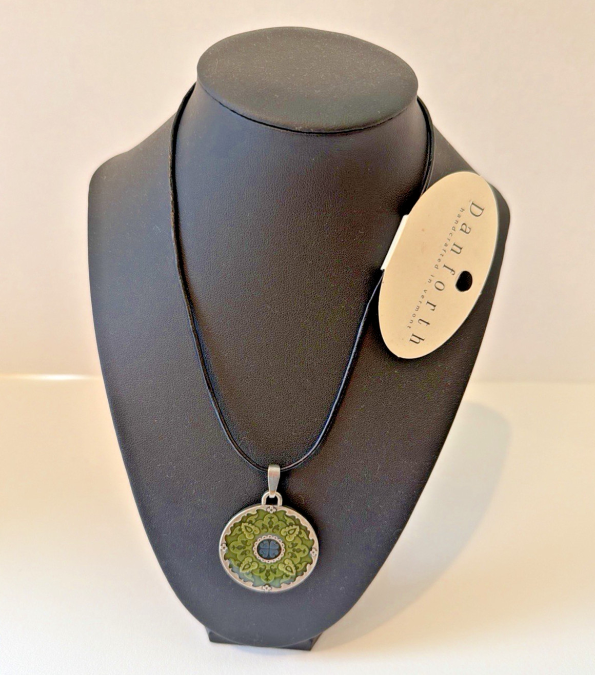 Danforth Pewter Handcrafted Medallion Pendant Green & Blue Mandala 16-17″