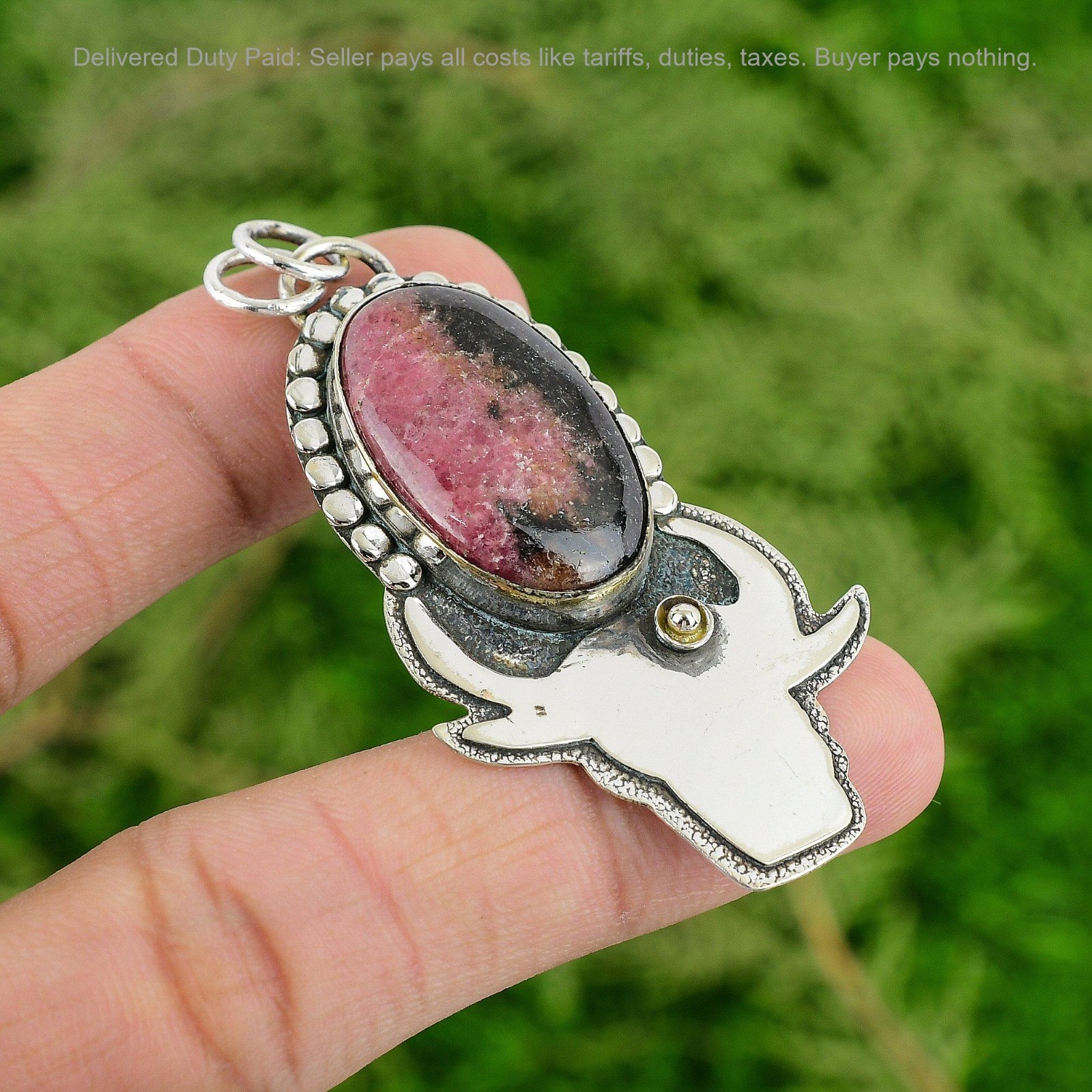 925 Sterling Silver Oval Rhodonite Gemstone Unique Anniversary Birthday Pendant