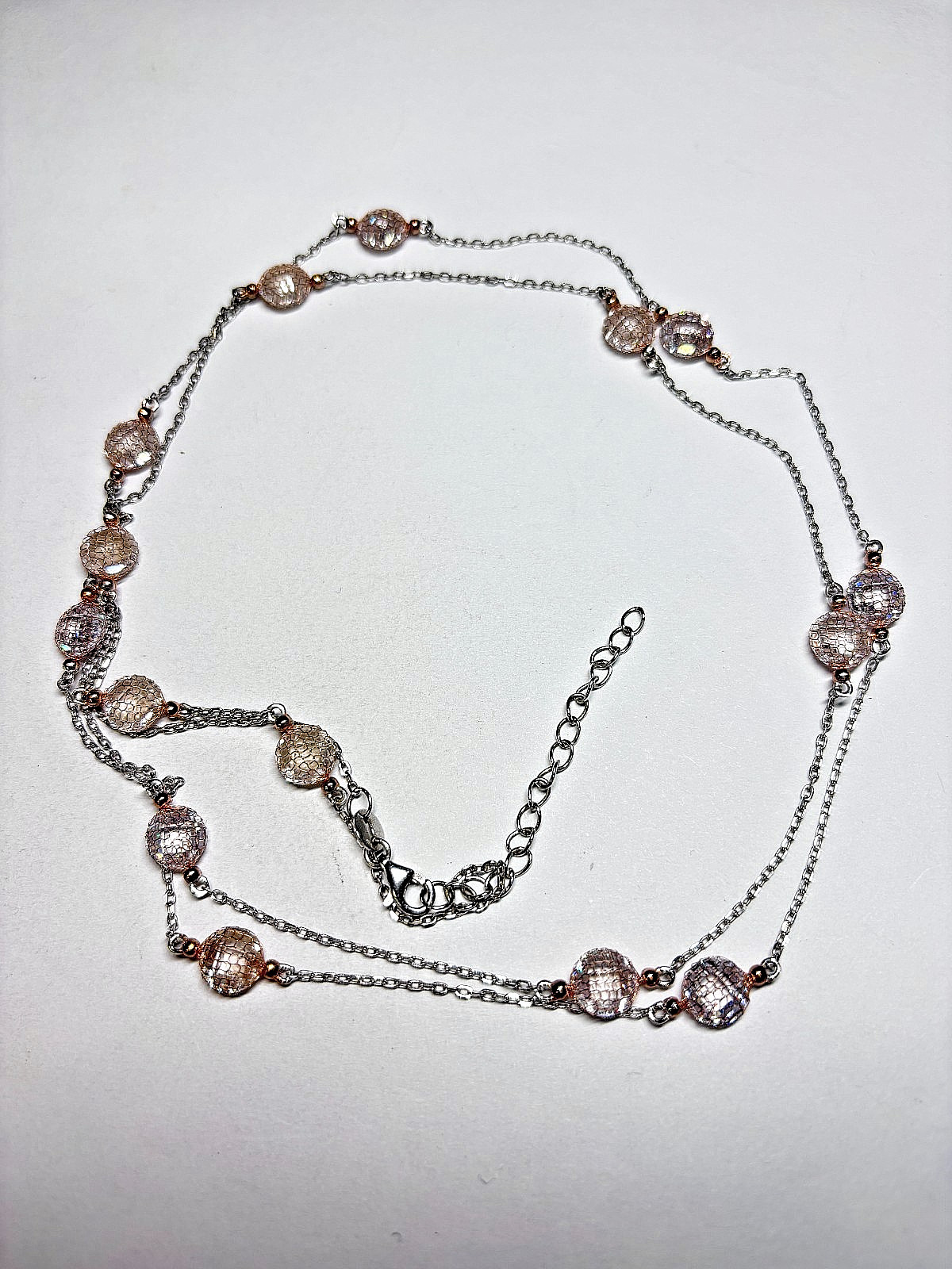 Sterling Silver Rose Quartz Station Necklace 11.4g 36in