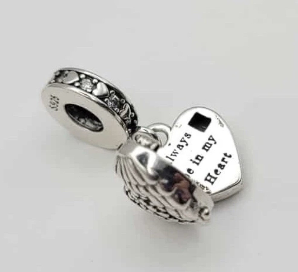 925 Sterling Silver Open/Close Angel Wings Charm Pendant “Always By Your Side”