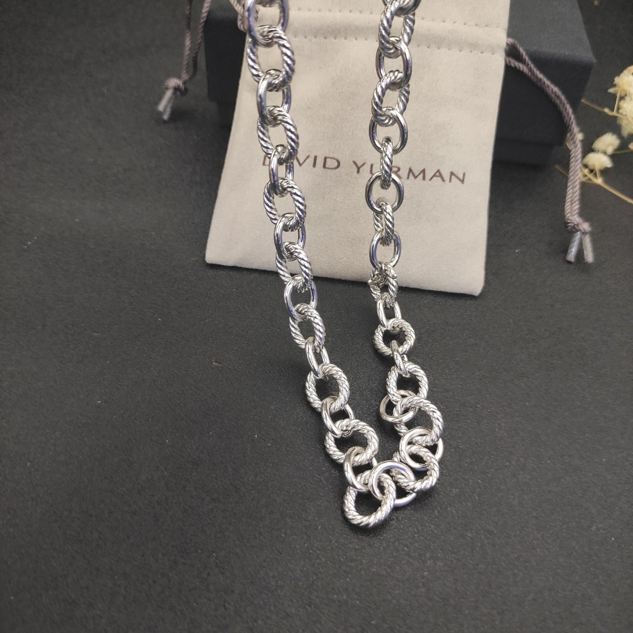 David Yurman Cable Link Oval Necklace 925 Silver Twisted Cable Wire 19.6IN