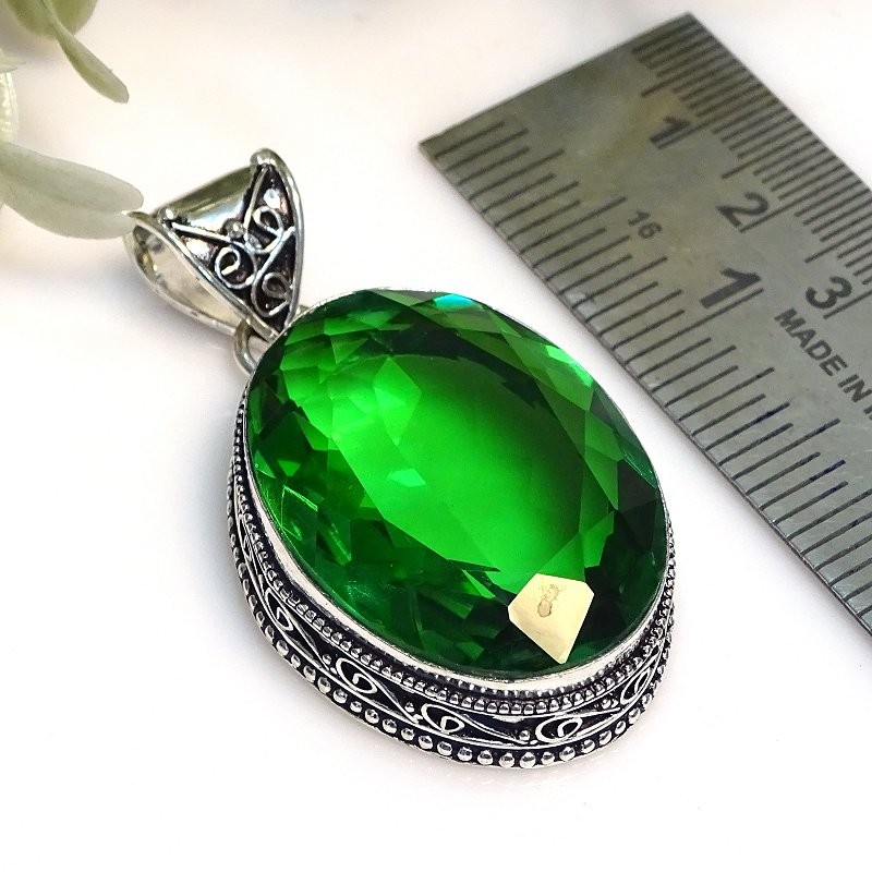 Faceted Tsavorite 925 Sterling Silver Oval Gemstone Vintage Pendant 2.2″ PG 2187
