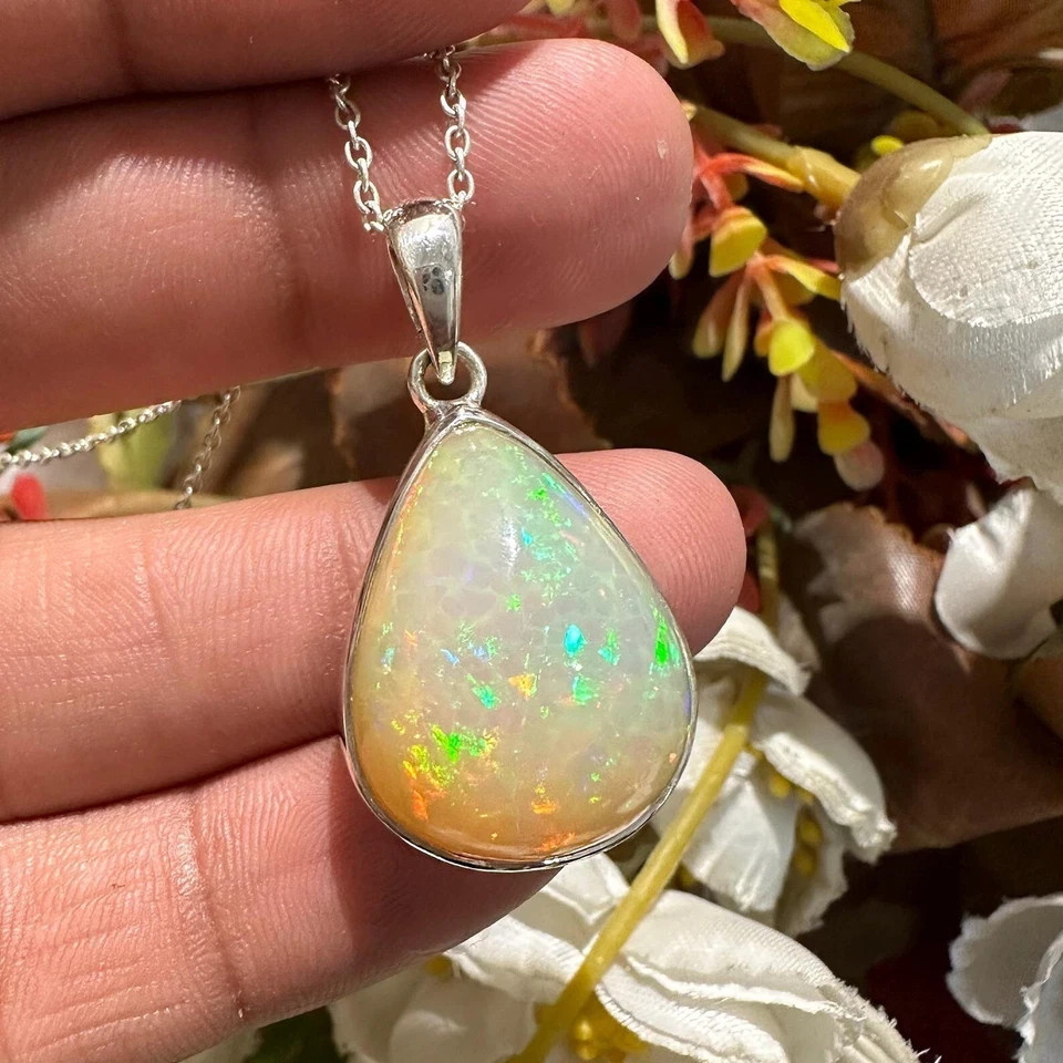 Natural 15 Ct Multicolor Opal 925 Solid Silver Pendant Gemstone Pear Cut