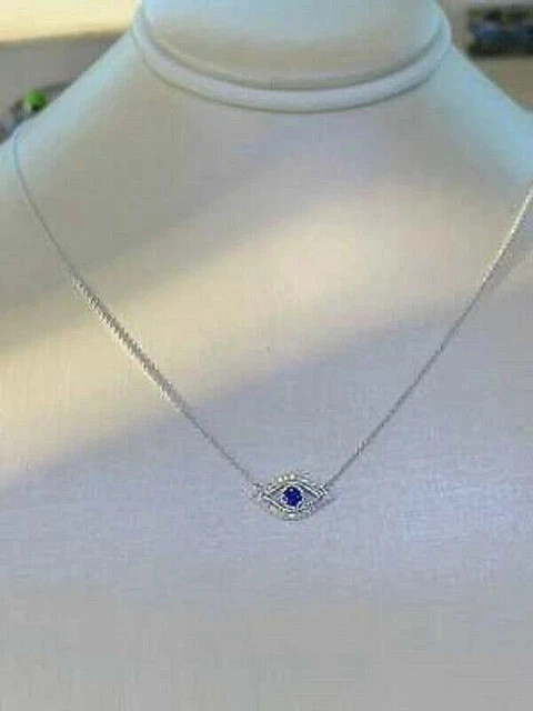 1Ct Round Sapphire Diamond Evil Eye Pendant 14K White Gold Finish Free Chain