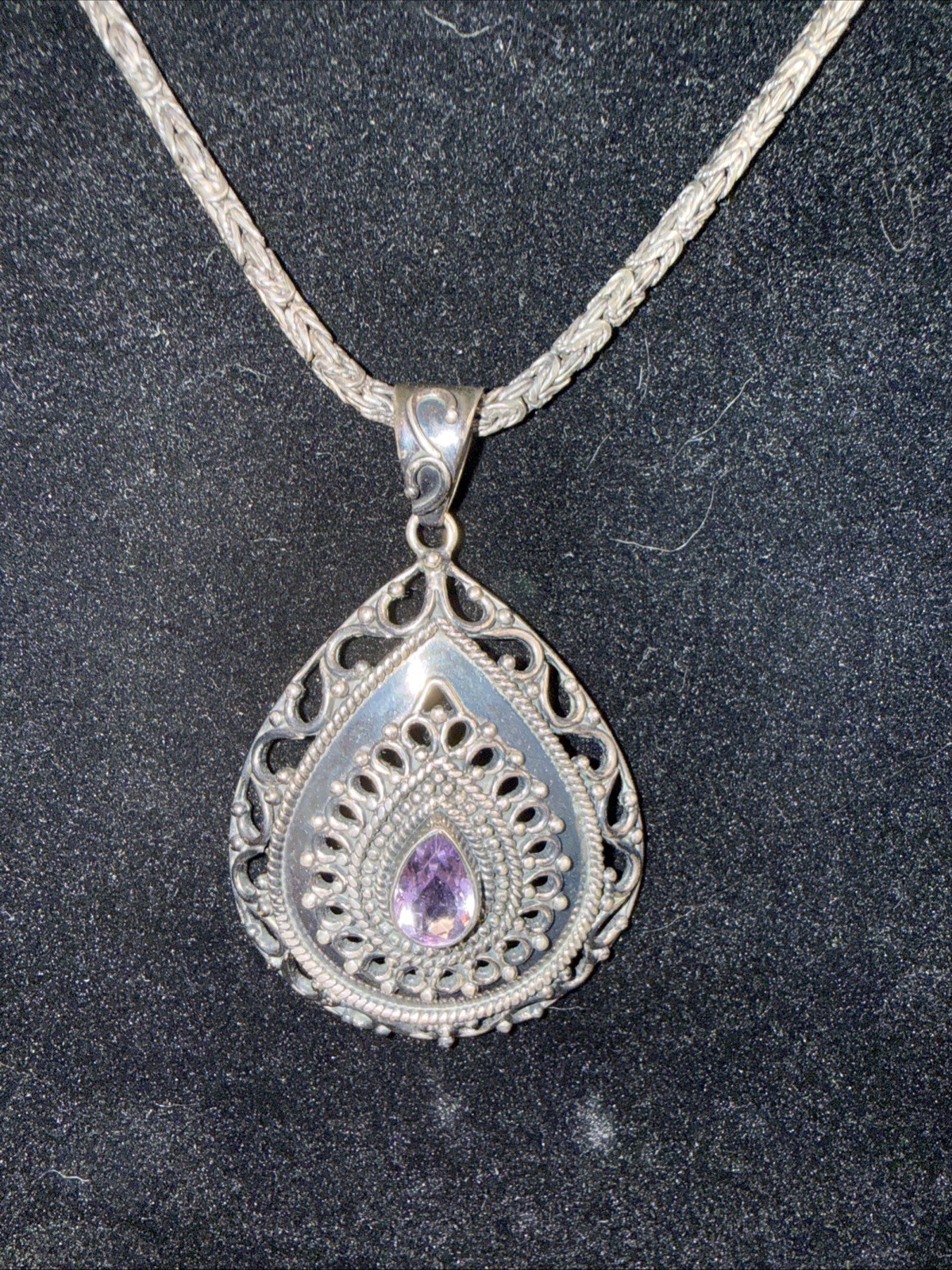DP Oxidized Sterling Silver Large Tear Drop Amethyst Pendant Necklace India 18”