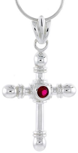 925 Sterling Silver Ruby CZ Round Edge Cross Pendant 1 1/2 Inch (38mm) Tall