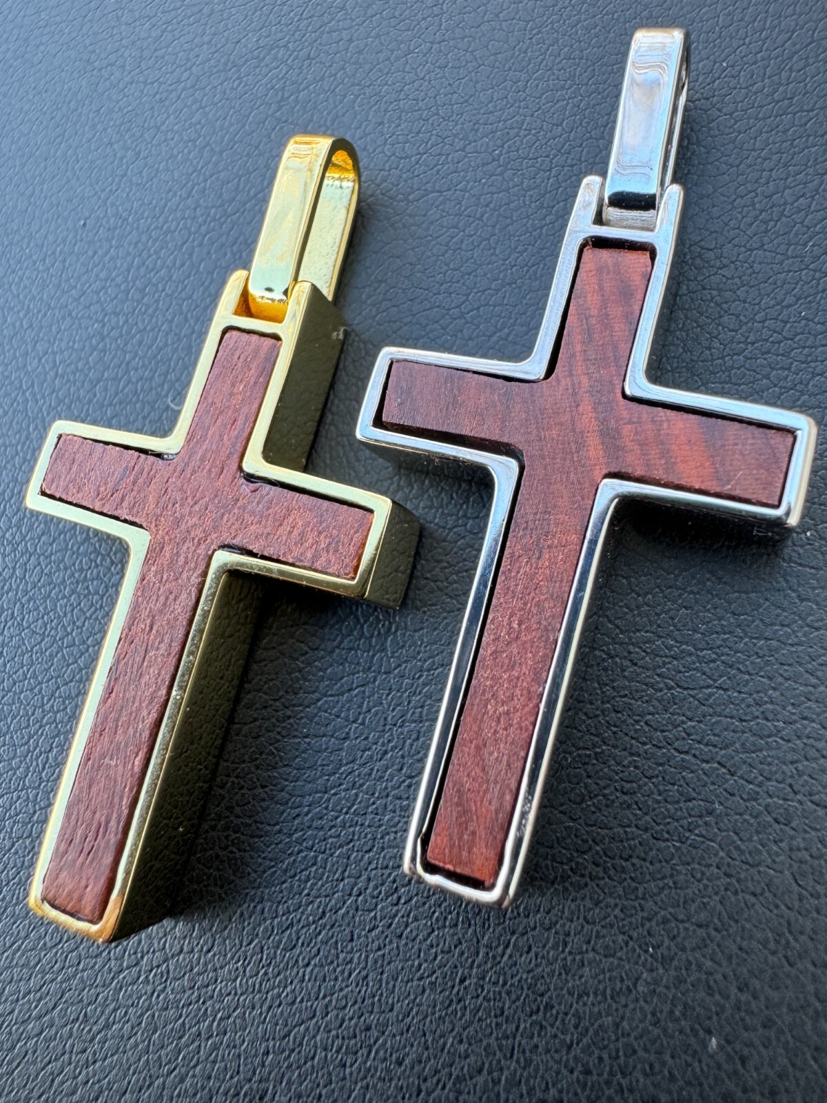 Real 925 Silver & Wood Inlay Plain Religious Cross Pendant Necklace Handmade