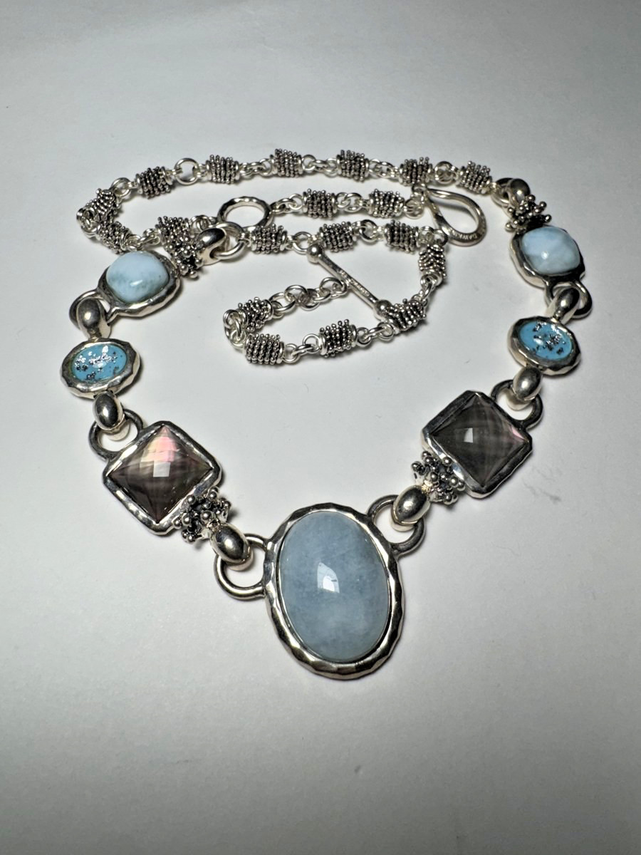 Michael Dawkins sterling silver aquamarine smoky quartz statement necklace 20″
