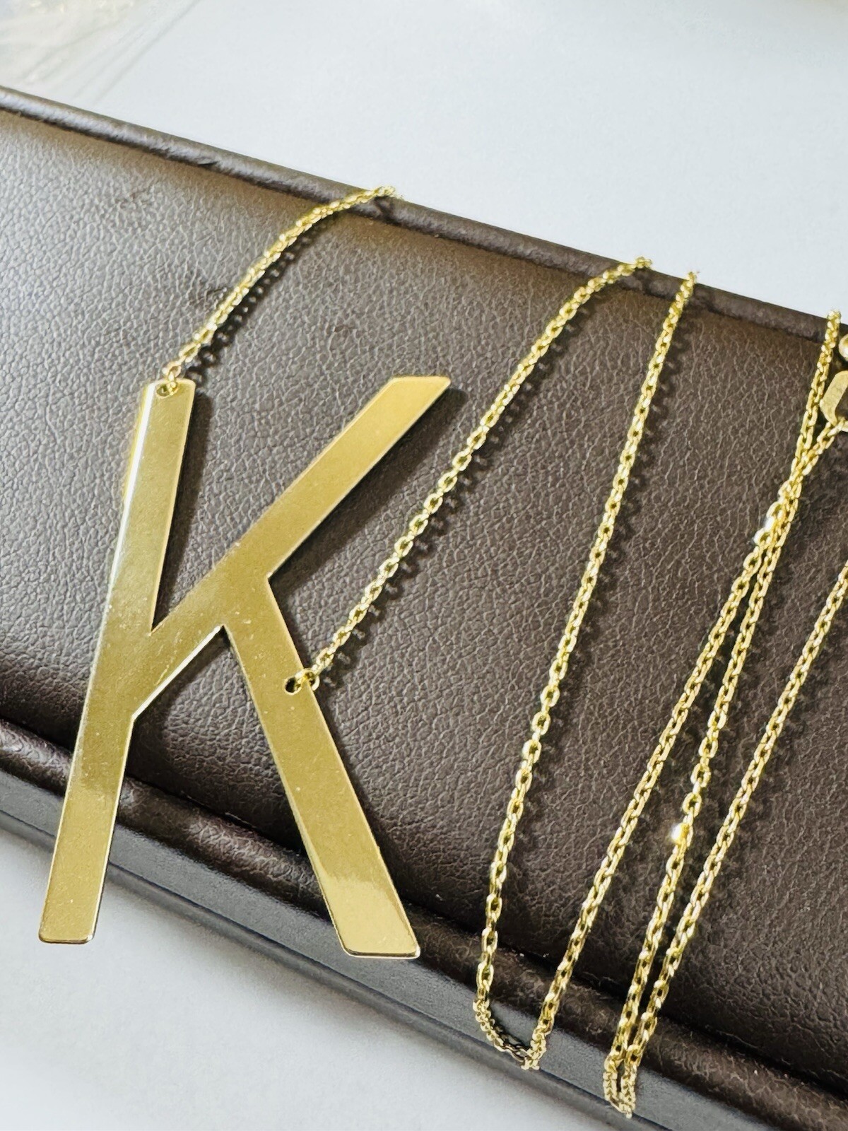 18K 750 18C Gold Letter K initial Necklace 16.5/17.5” Long 1mm 4.1g