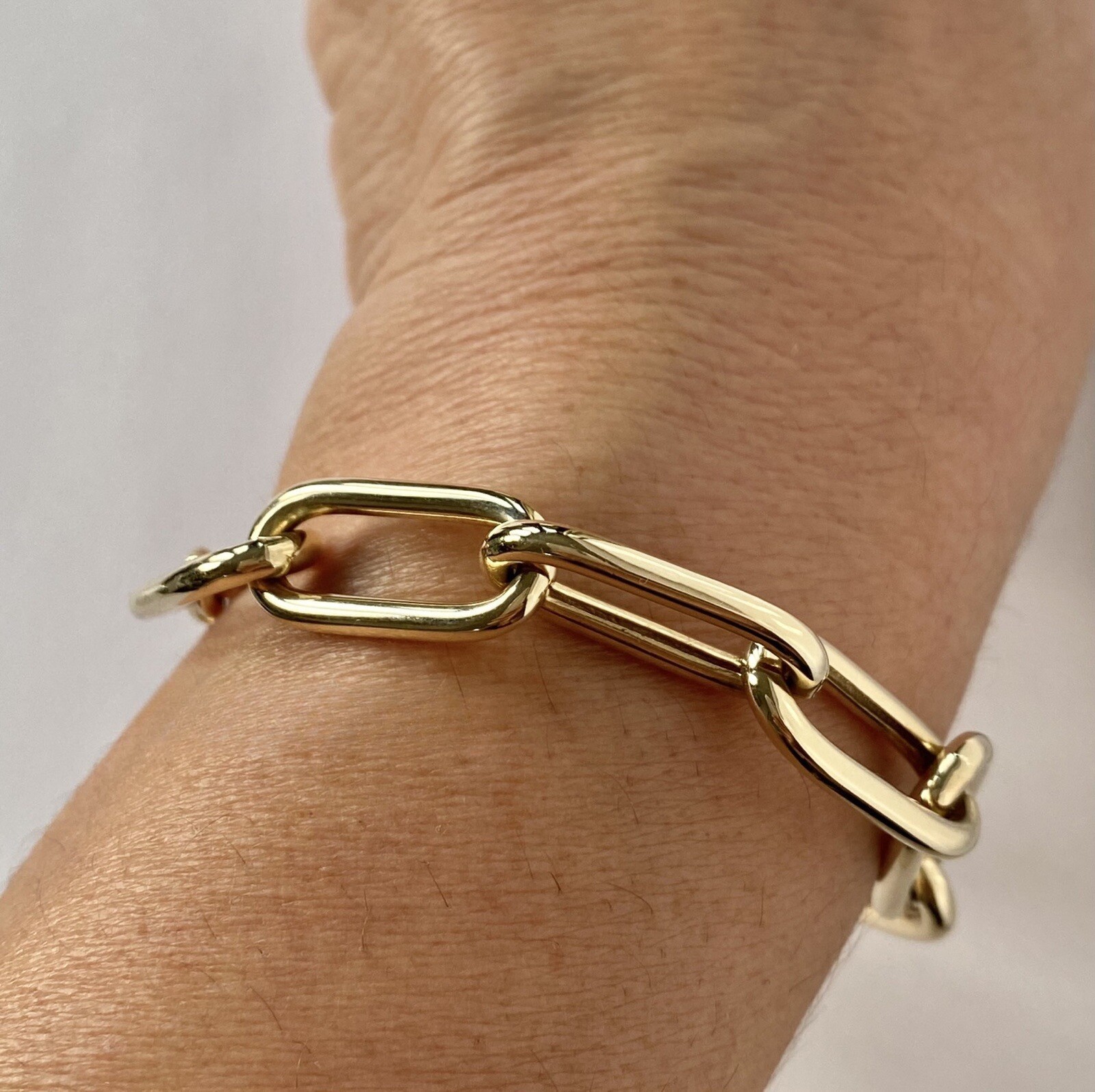 14K Yellow Gold Shiny Paper Clip Chain Link Bracelet Bold NEW 9MM