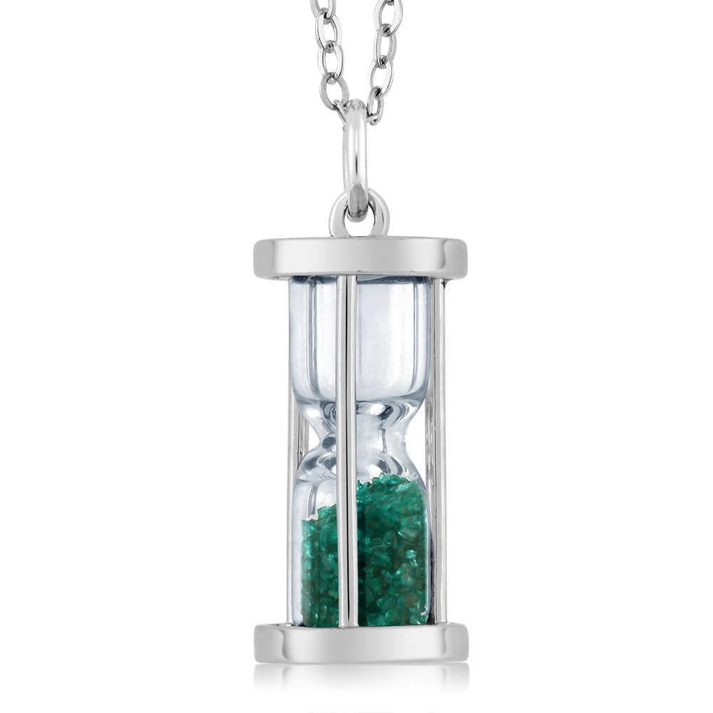 925 Sterling Silver Genuine Emerald Dust Hourglass Pendant Necklace For Women