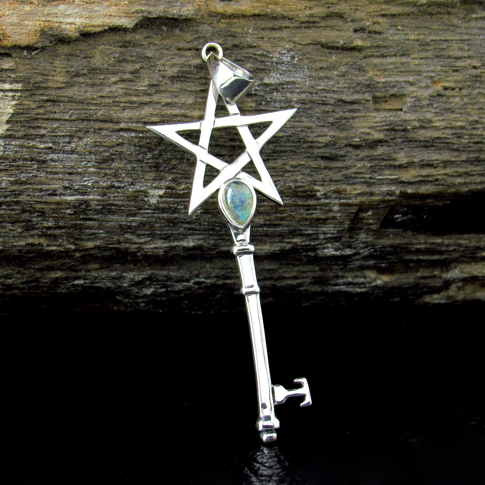 Solid 925 Sterling Silver Pentagram Key Pendant Wiccan Pagan Witchcraft Jewelry