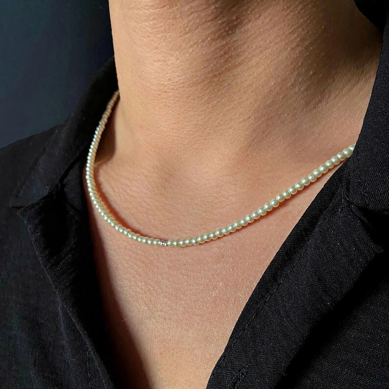 Dainty Pearl Necklace , Tiny Pearl Beads, Minimalist Pearl Gift for Him/Her