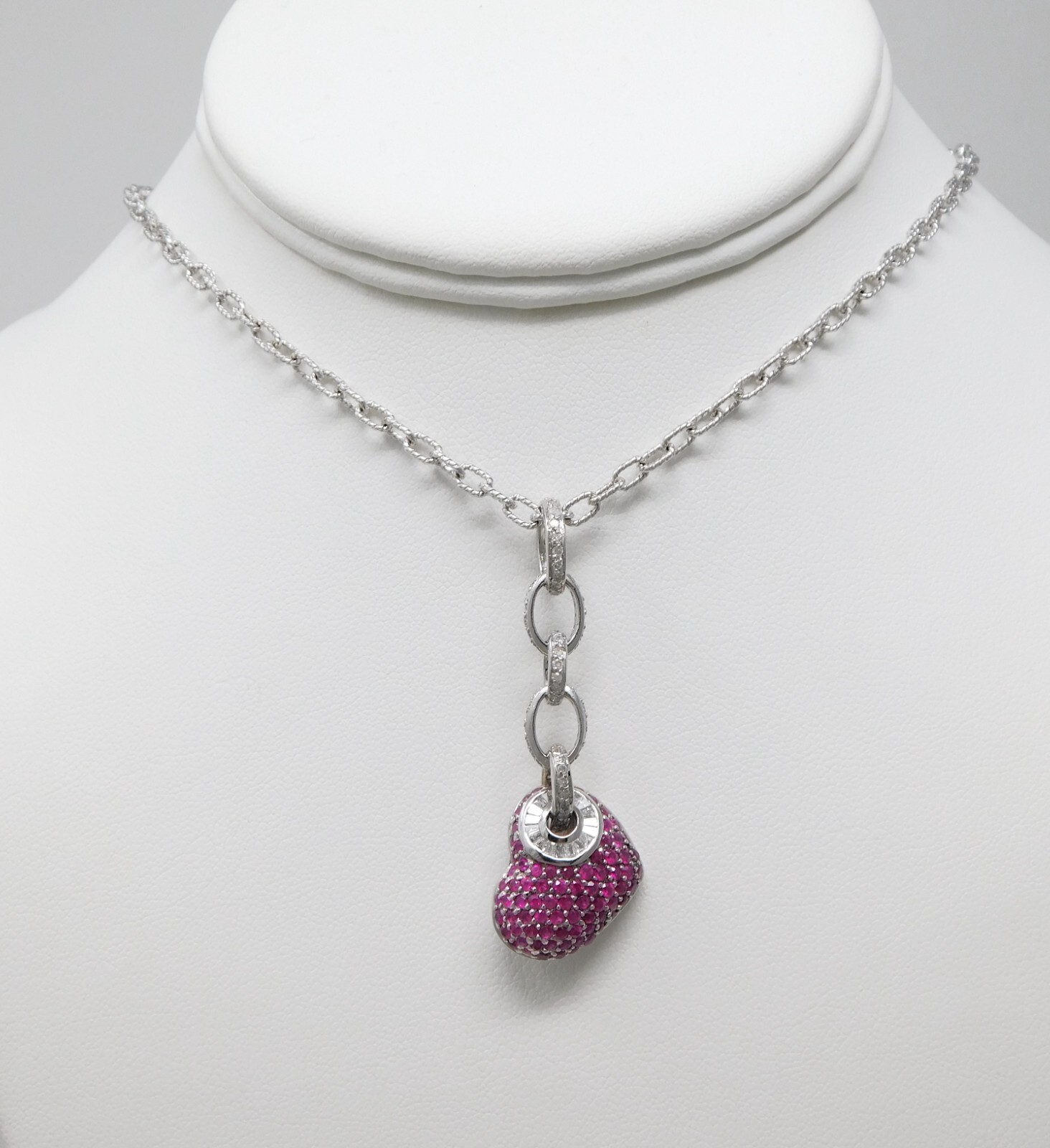14 kt Gold DIAMOND & Ruby Puffed Heart Pendant Choker Necklace 16 3/16″ B6169
