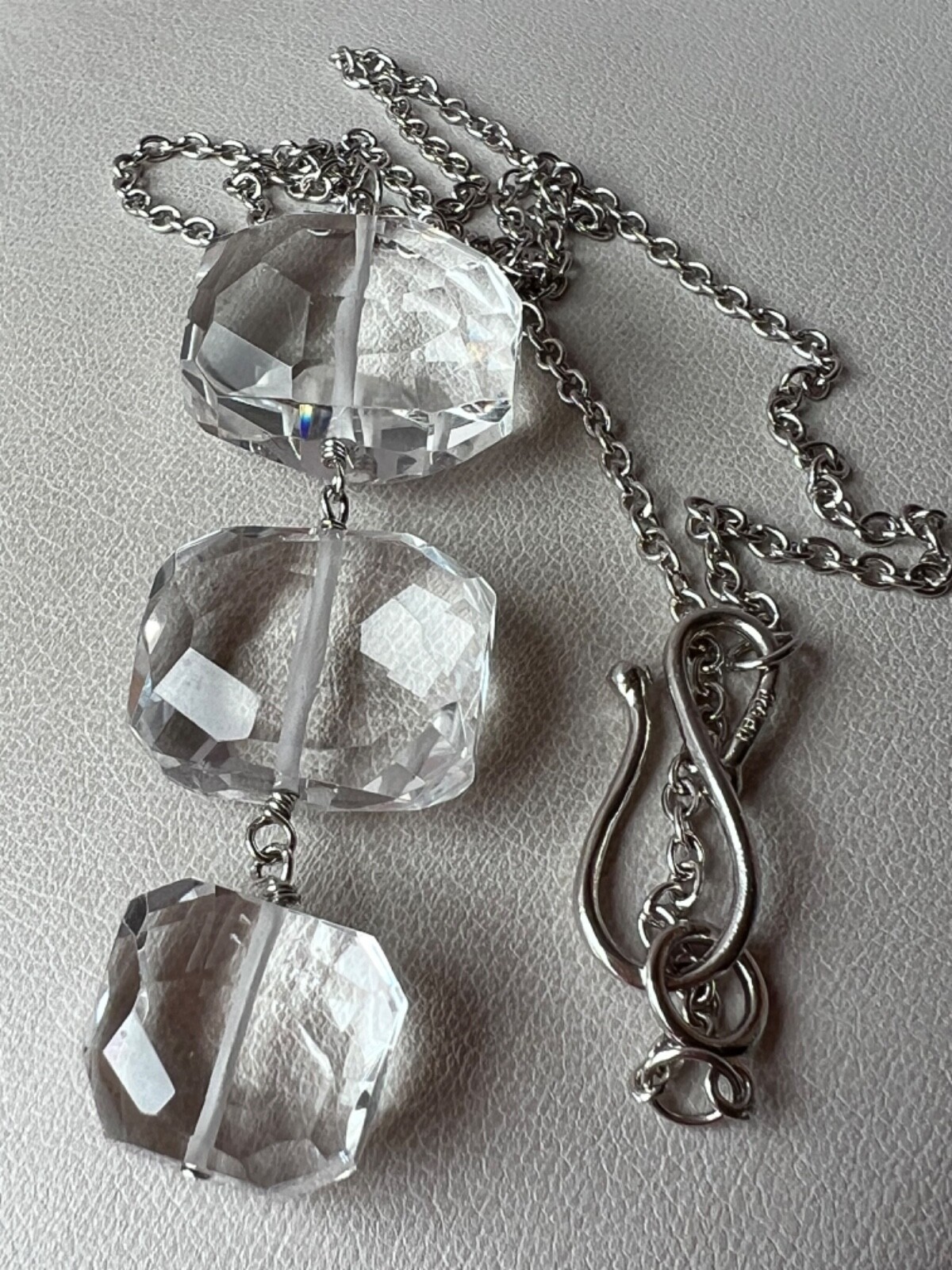ARTISAN ROCK CRYSTAL CLEAR COLORLESS QUARTZ LONG NECKLACE 925 STERLING DESIGNER