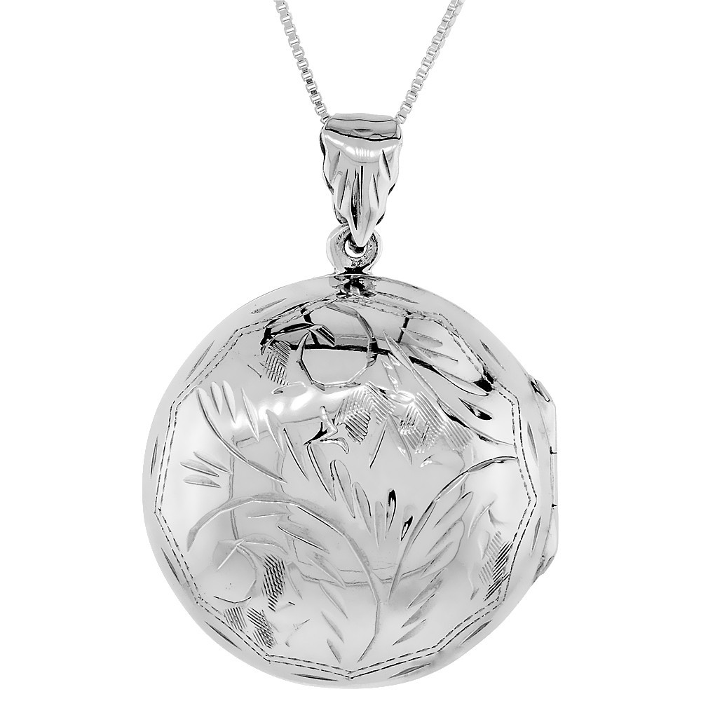 925 Sterling Silver Puffy Engraved Round Locket Pendant 1 1/4 Inch (31mm) Tall