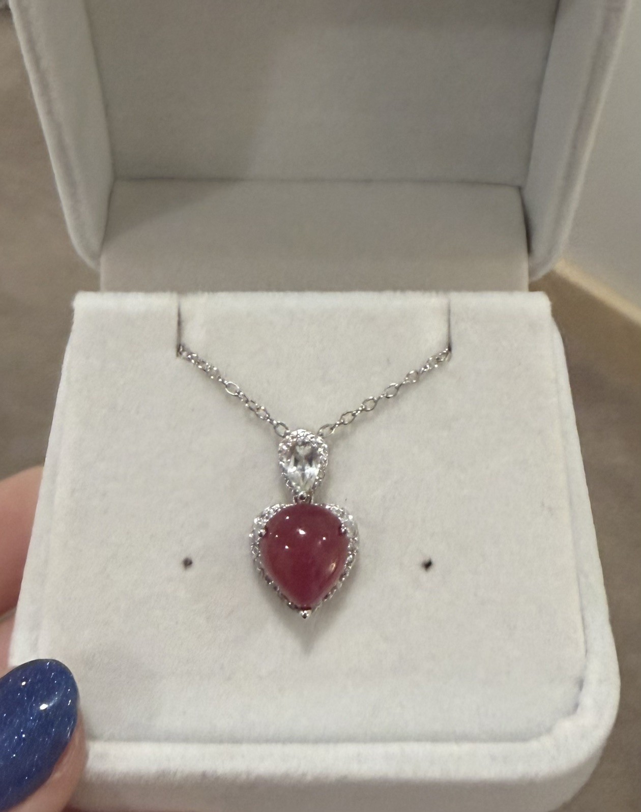 Stunning Natural Red Ruby 9x11mm & White Topaz 925 Sterling Pendant Necklace 18”
