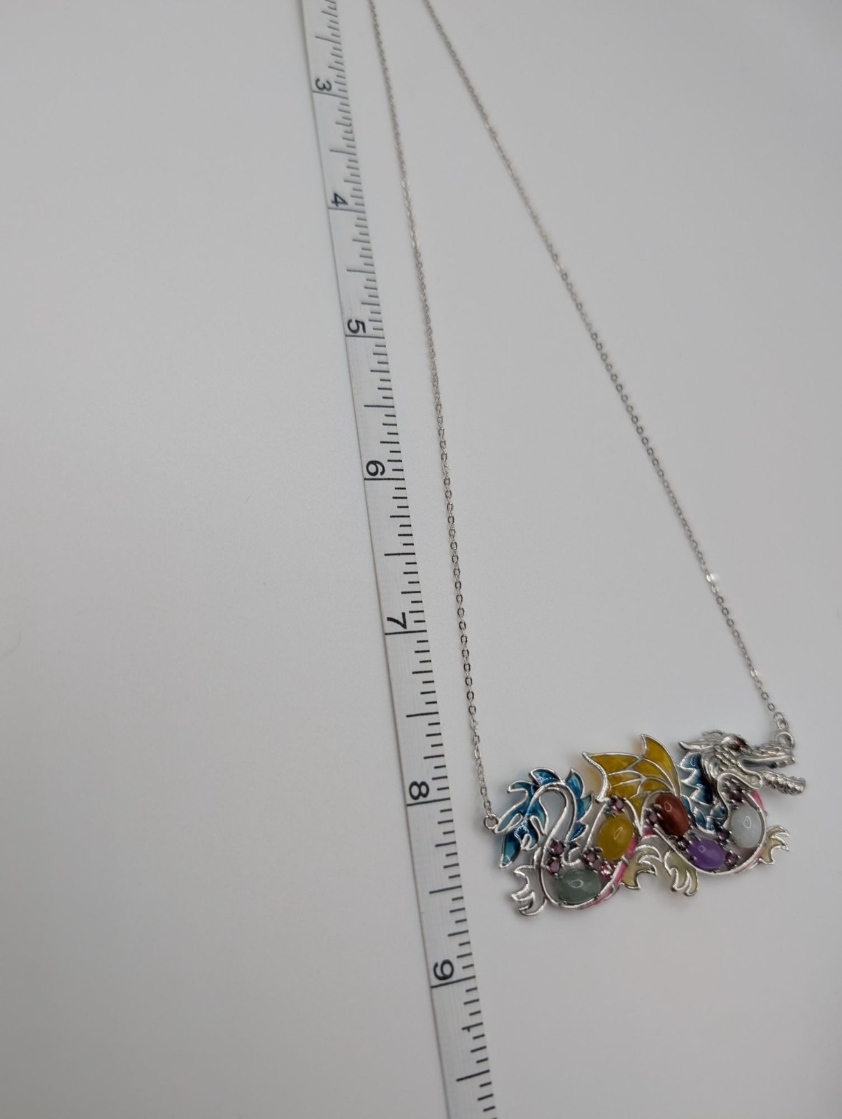 Jade of Yesteryear Sterling Silver Dragon Necklace Genuine Jade & Coloured Epoxy
