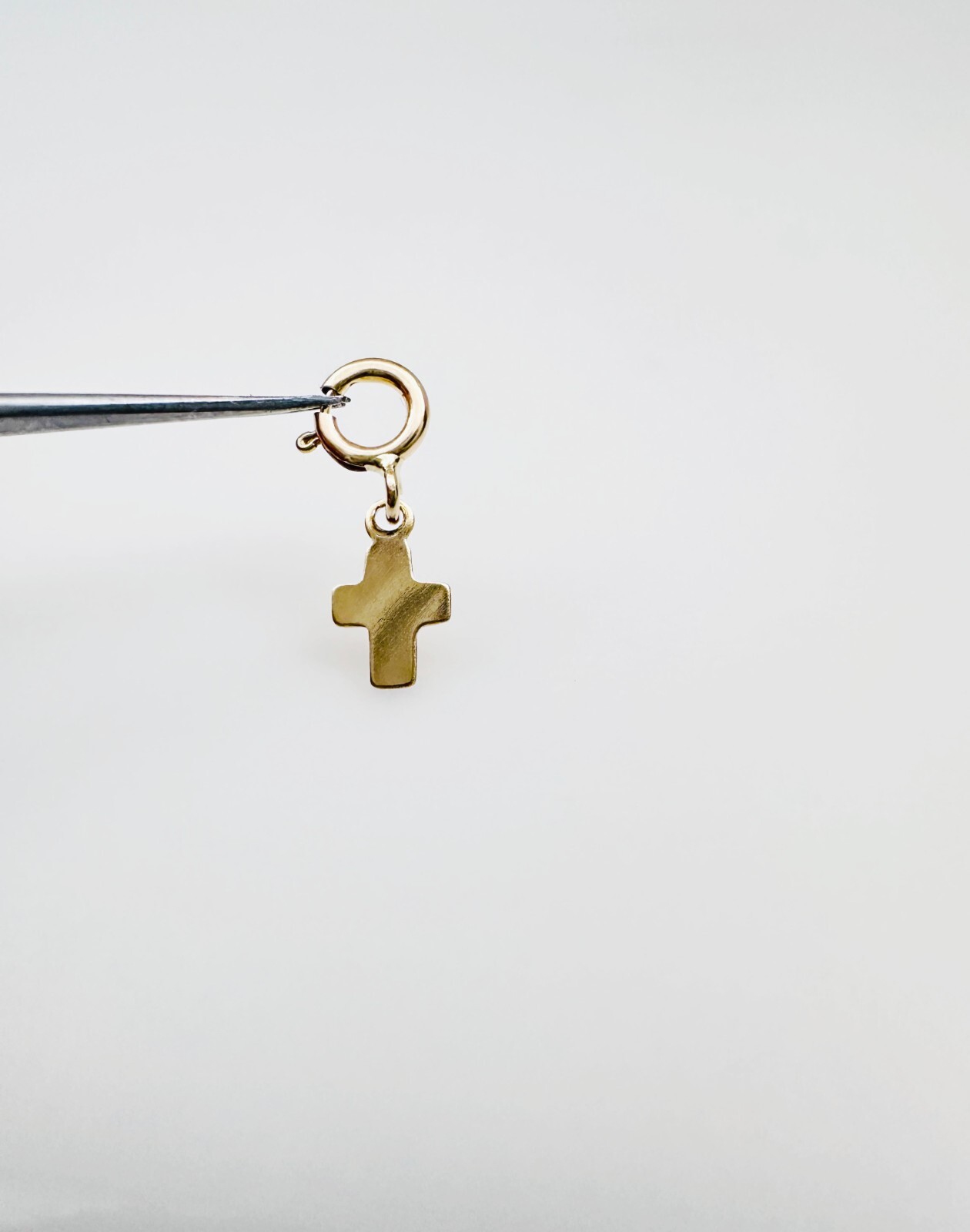 14K Solid Yellow Gold Teeny Tiny Cross Charm Pendant w/Spring Clasp
