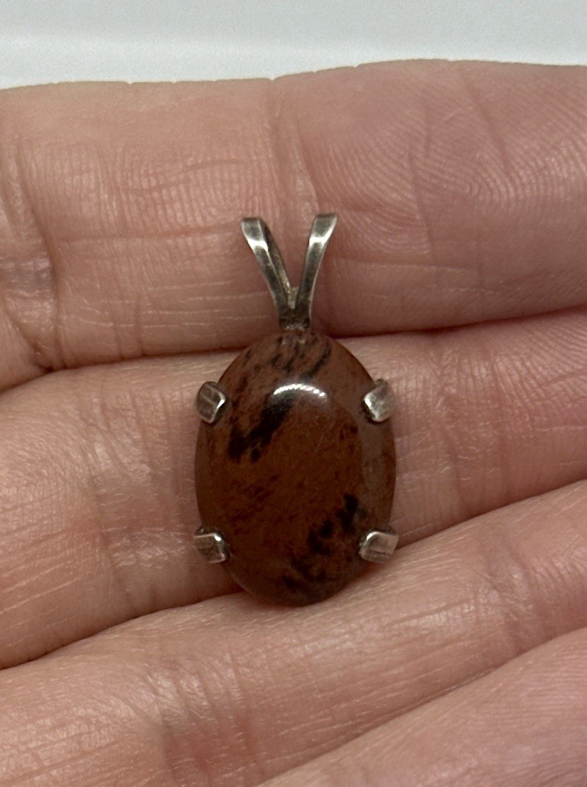 Natural Mahogany Obsidian Gemstone 925 Sterling Silver Prong Set Oval Pendant