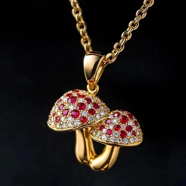 2Ct Lab Created Round Red Ruby Mushroom Unisex Pendant 14k Yellow Gold Plated