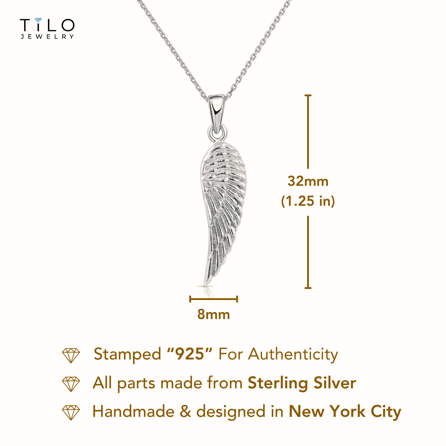 Solid 925 Sterling Silver Angel Wing Pendant Charm Necklace 18″ Cable Chain