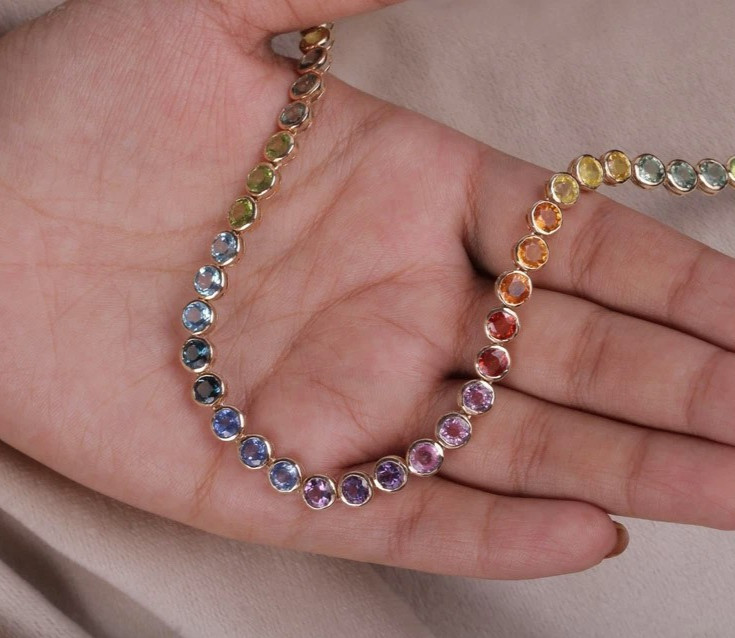 Rainbow Sapphire Tennis Necklace Solid 14kYellow Gold Layering Colorful Necklace