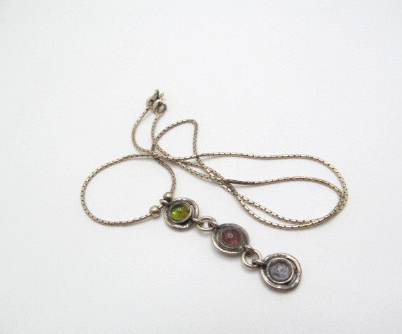 925 Sterling Silver Tourmaline Iolite Pink Yellow Round Disc Stone Necklace