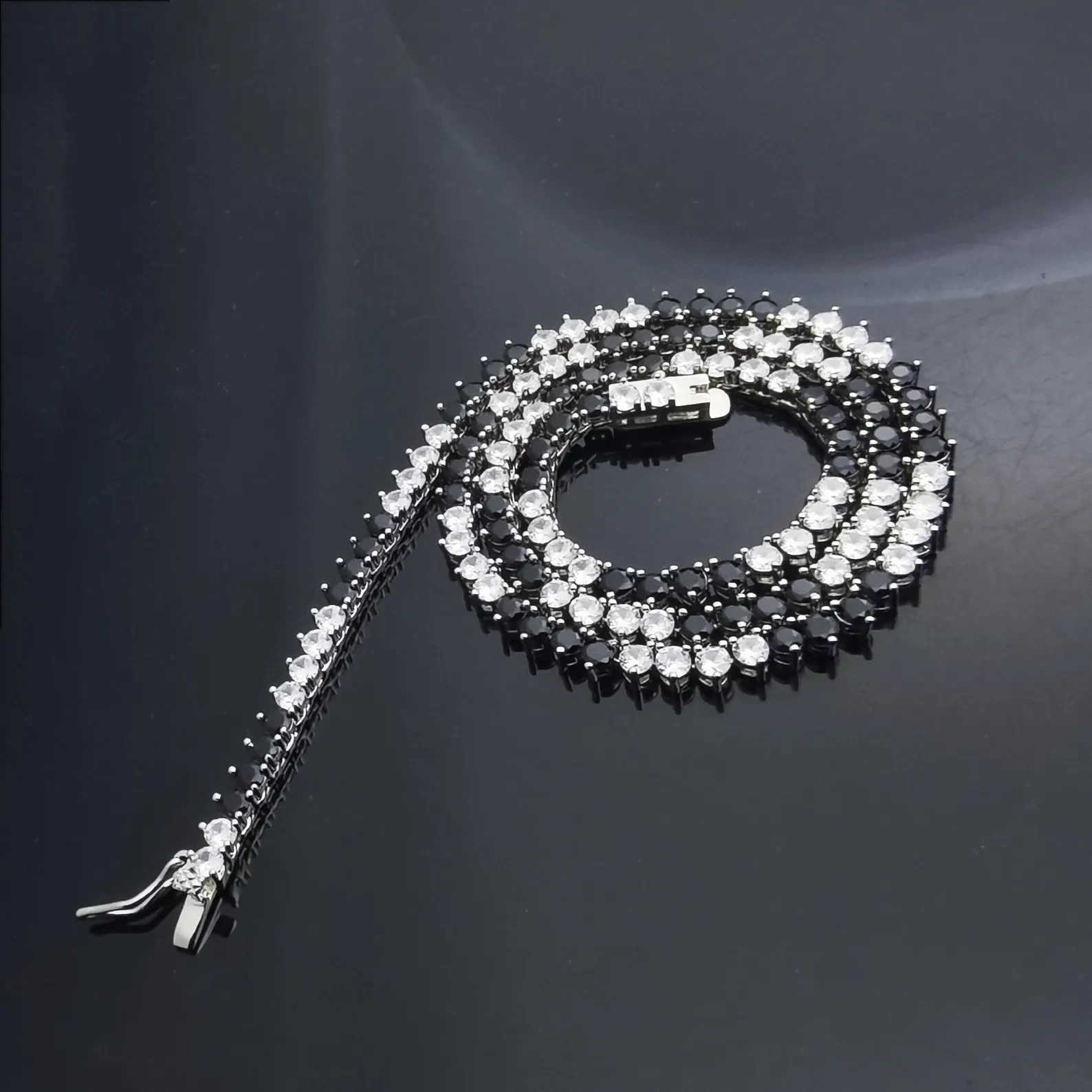 4mm Black & White Diamond Lab Created Tennis Necklace 14K White Gold Plated 18″