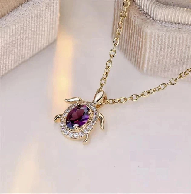 Lab Created Amethyst Halo Set Turtle Pendant 2.00Ct Oval 14k Yellow Gold Plated